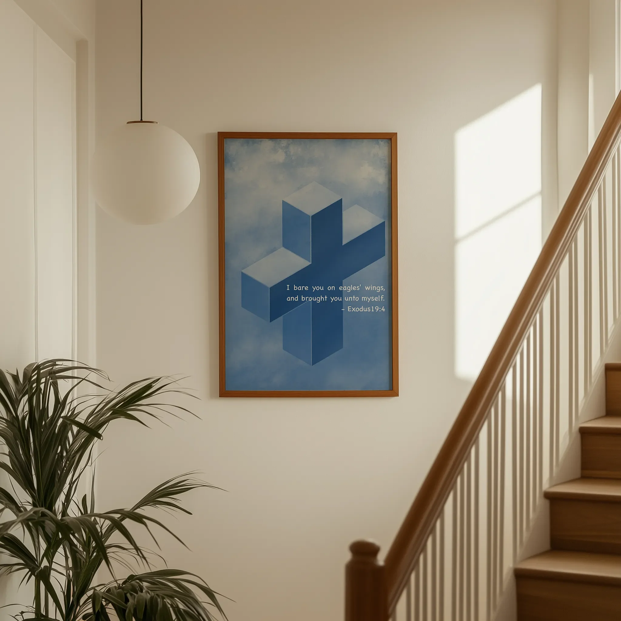 Displayed on a hallway wall near a staircase with directional natural light.