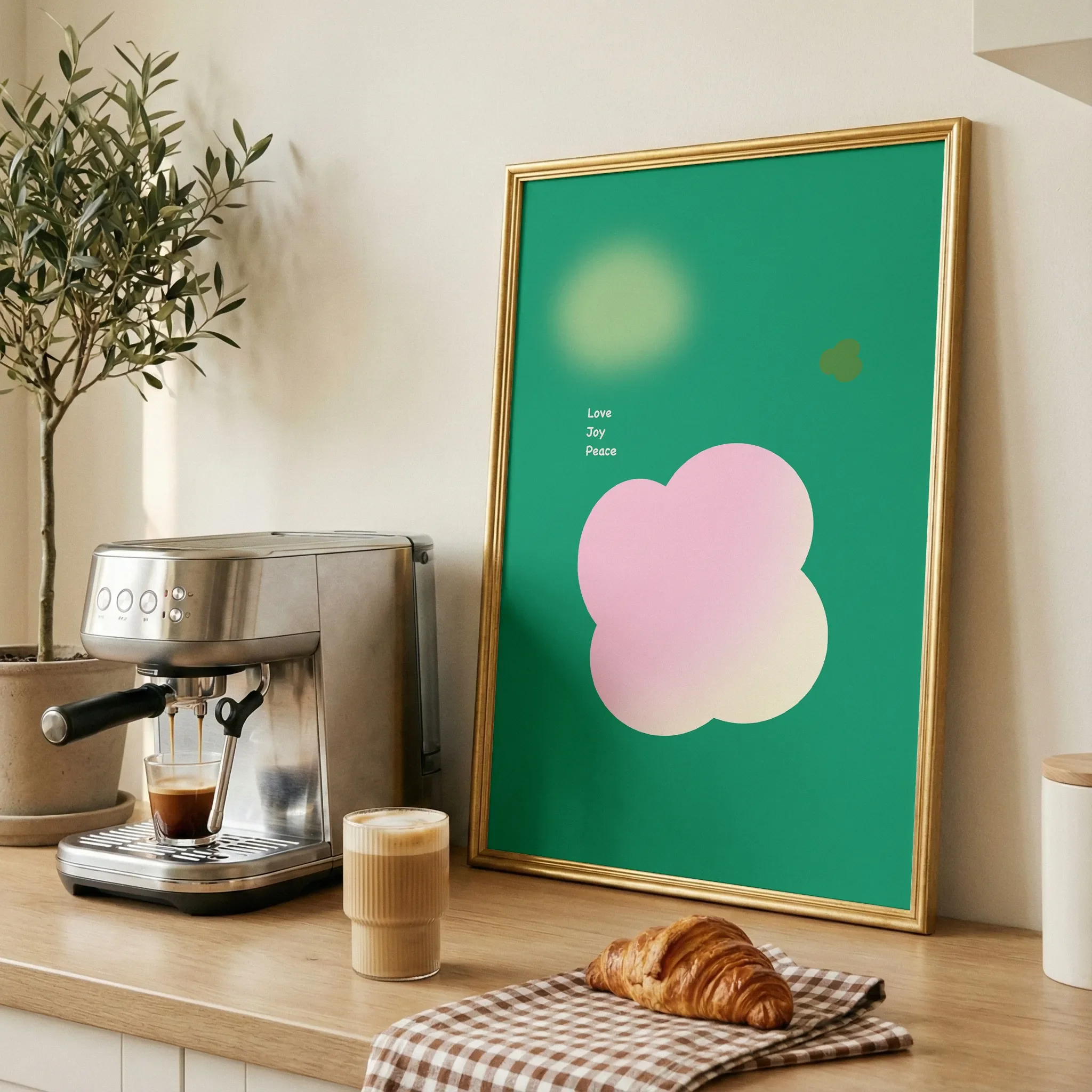 Displayed on a wooden table in a dining room with fresh bread and coffee, bathed in natural light.