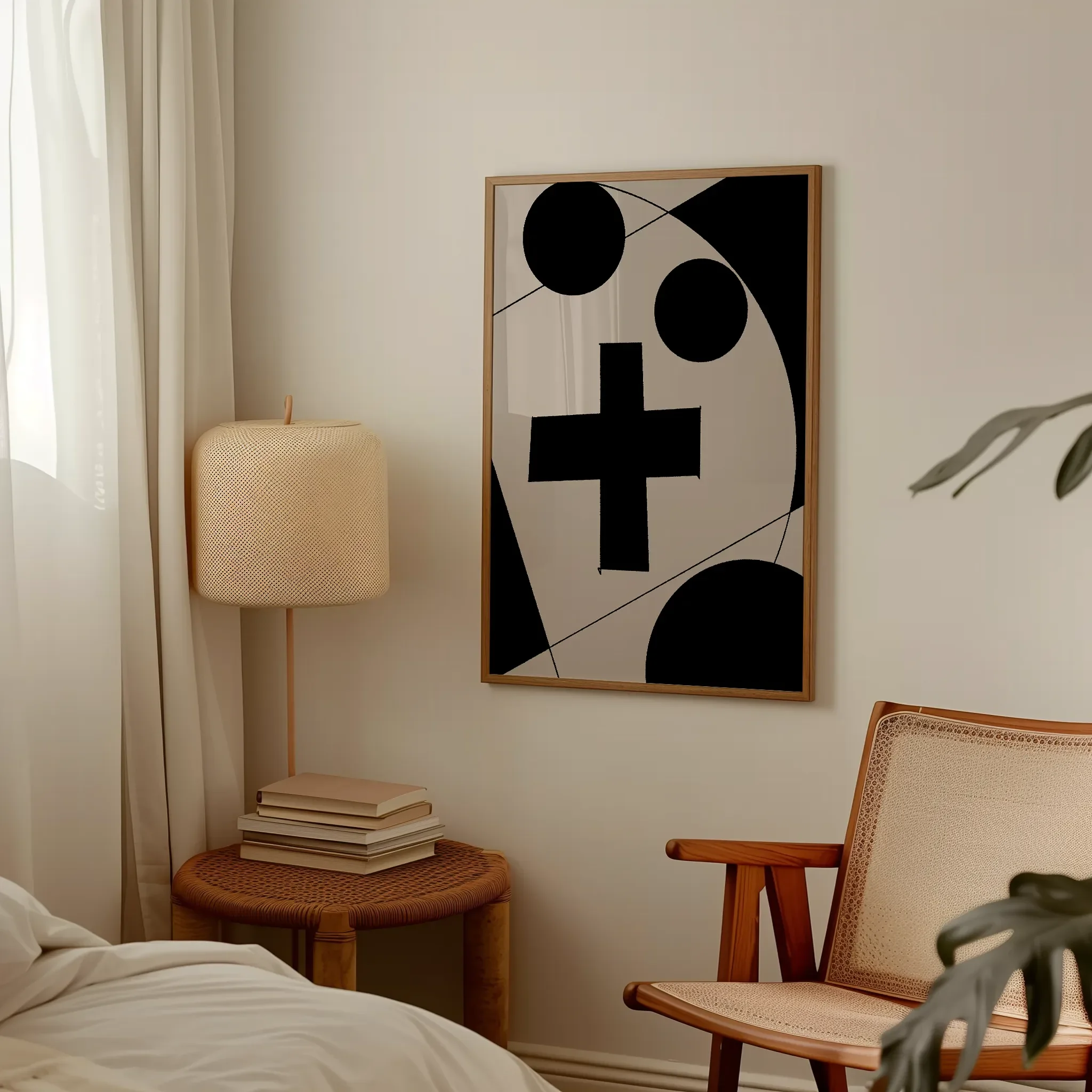 Displayed in a lived-in bedroom setting with wooden furniture and a table lamp.