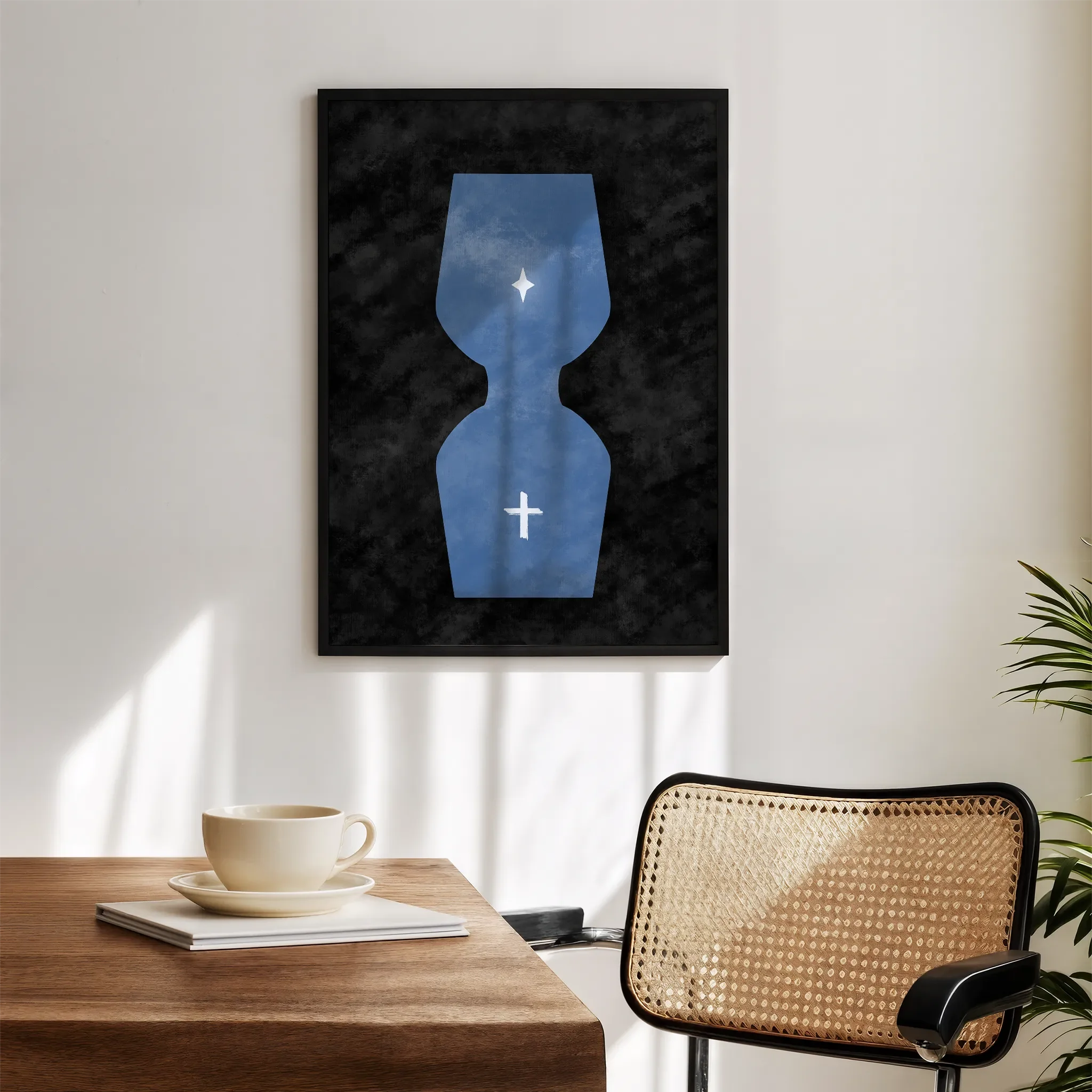 Displayed in a modern living room with a white wall and wooden furniture.