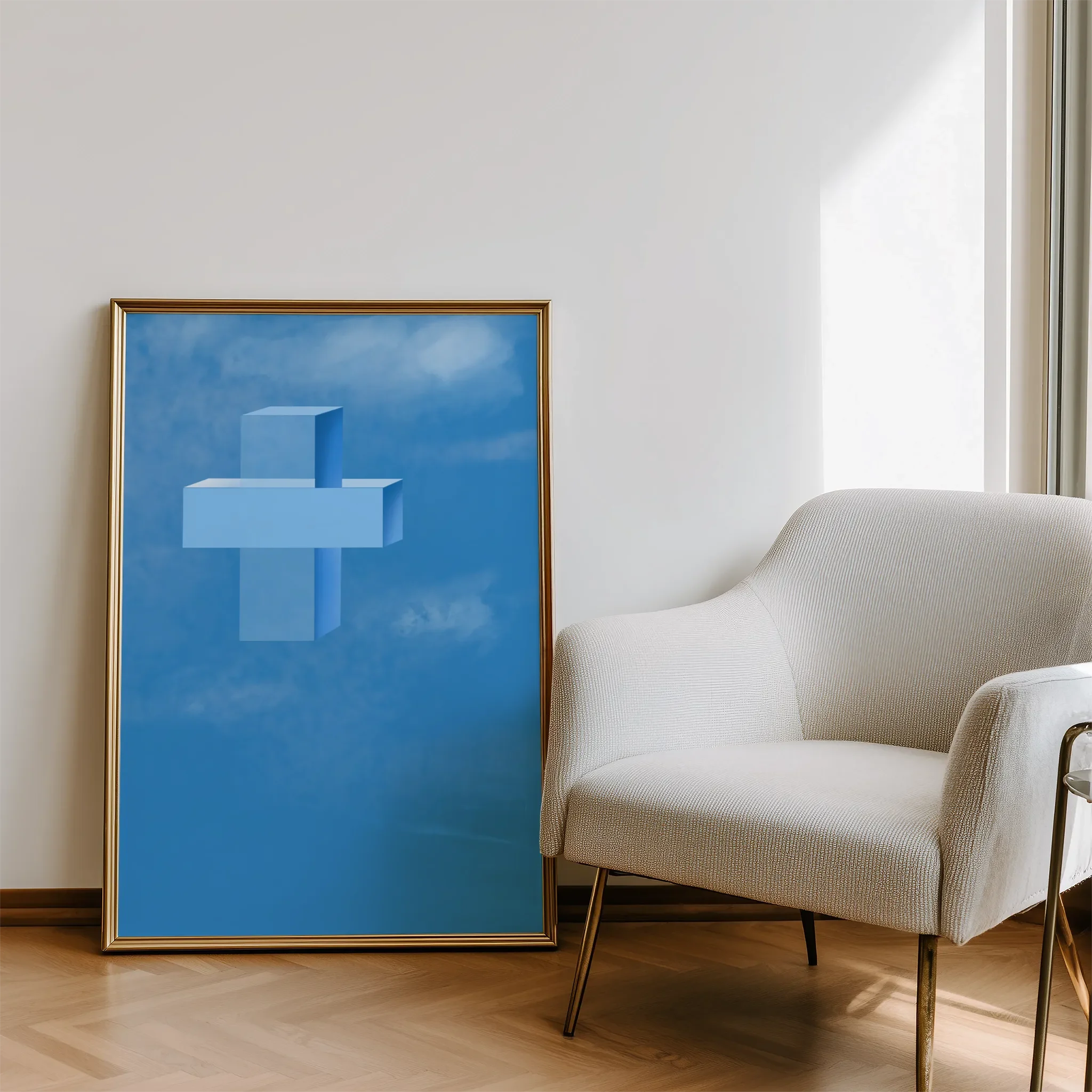 Displayed in a modern living room with natural light and a sofa.