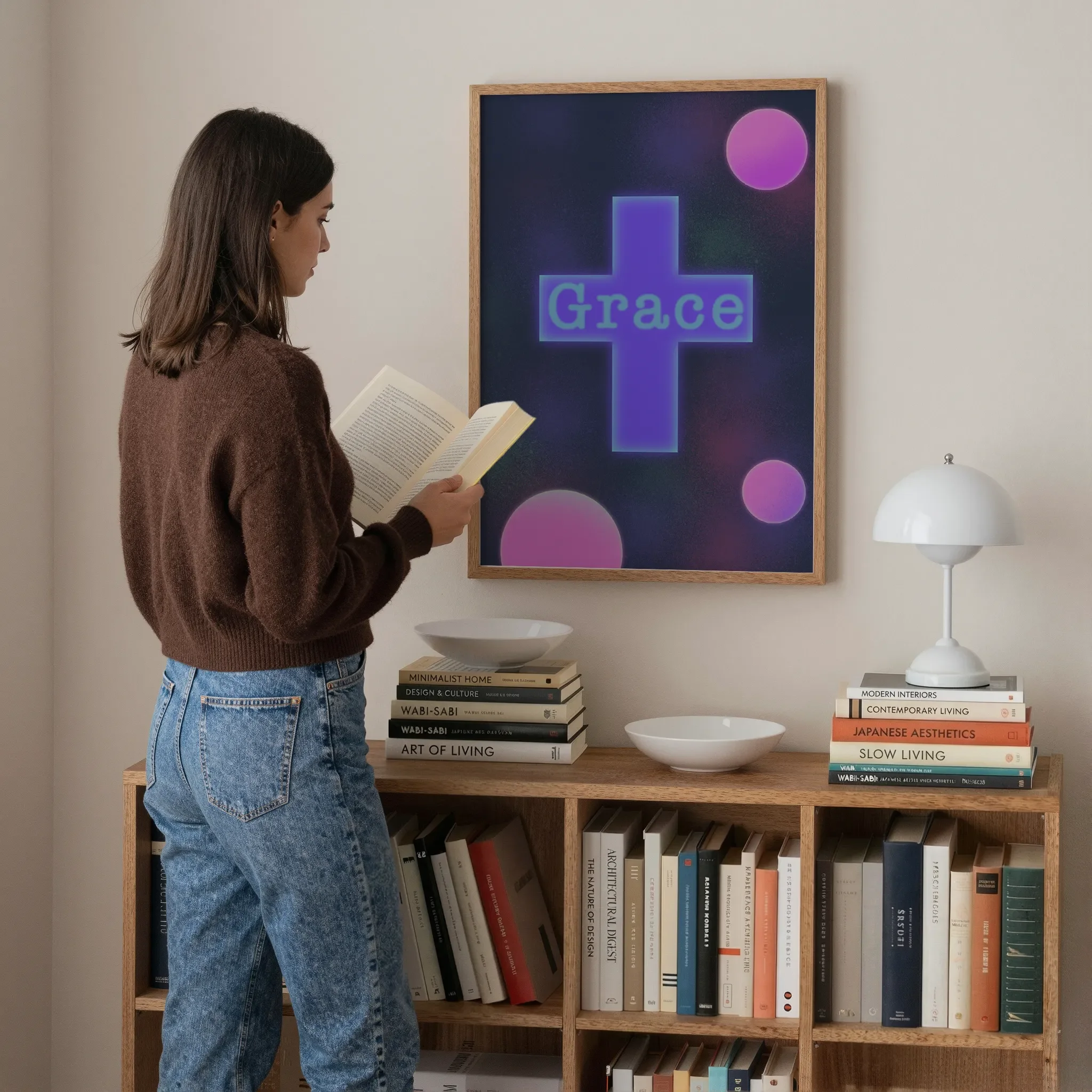 A colorful geometric cross print hangs above a wooden bookshelf in a softly lit room. A young woman stands nearby reading a book. On the bookshelf are books, a white lamp, and ceramic bowls.