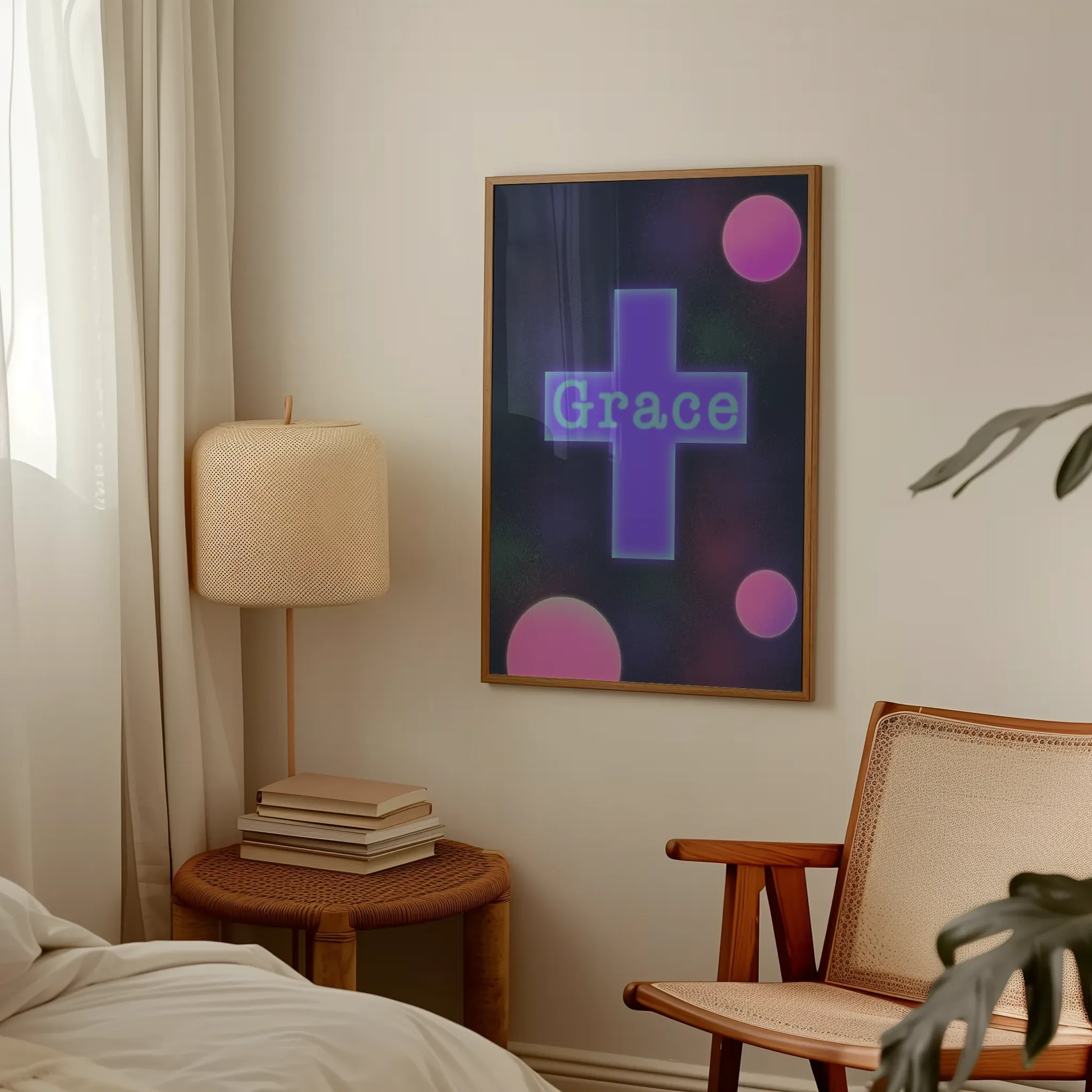 Displayed in a lived-in bedroom setting with wooden furniture and a table lamp.