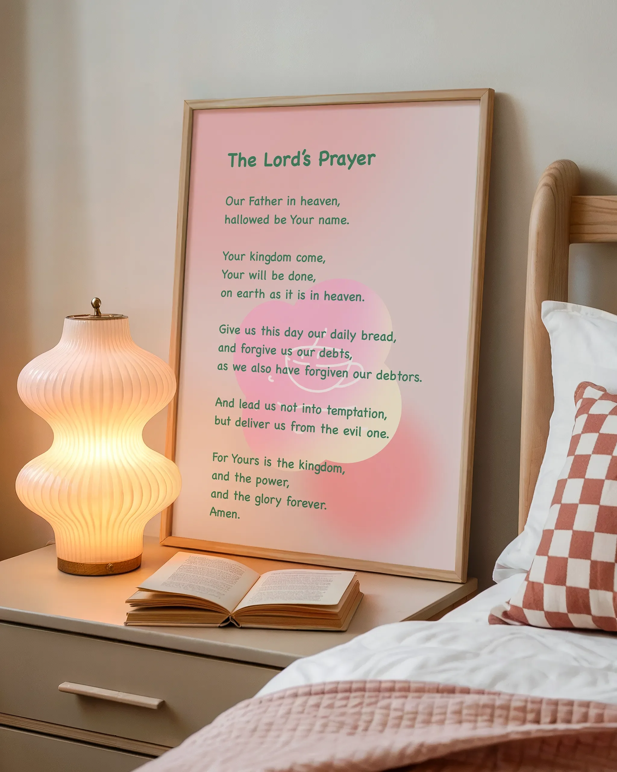 Displayed beside a wooden bed with a book and a softly glowing bedside lamp, creating a cozy atmosphere.