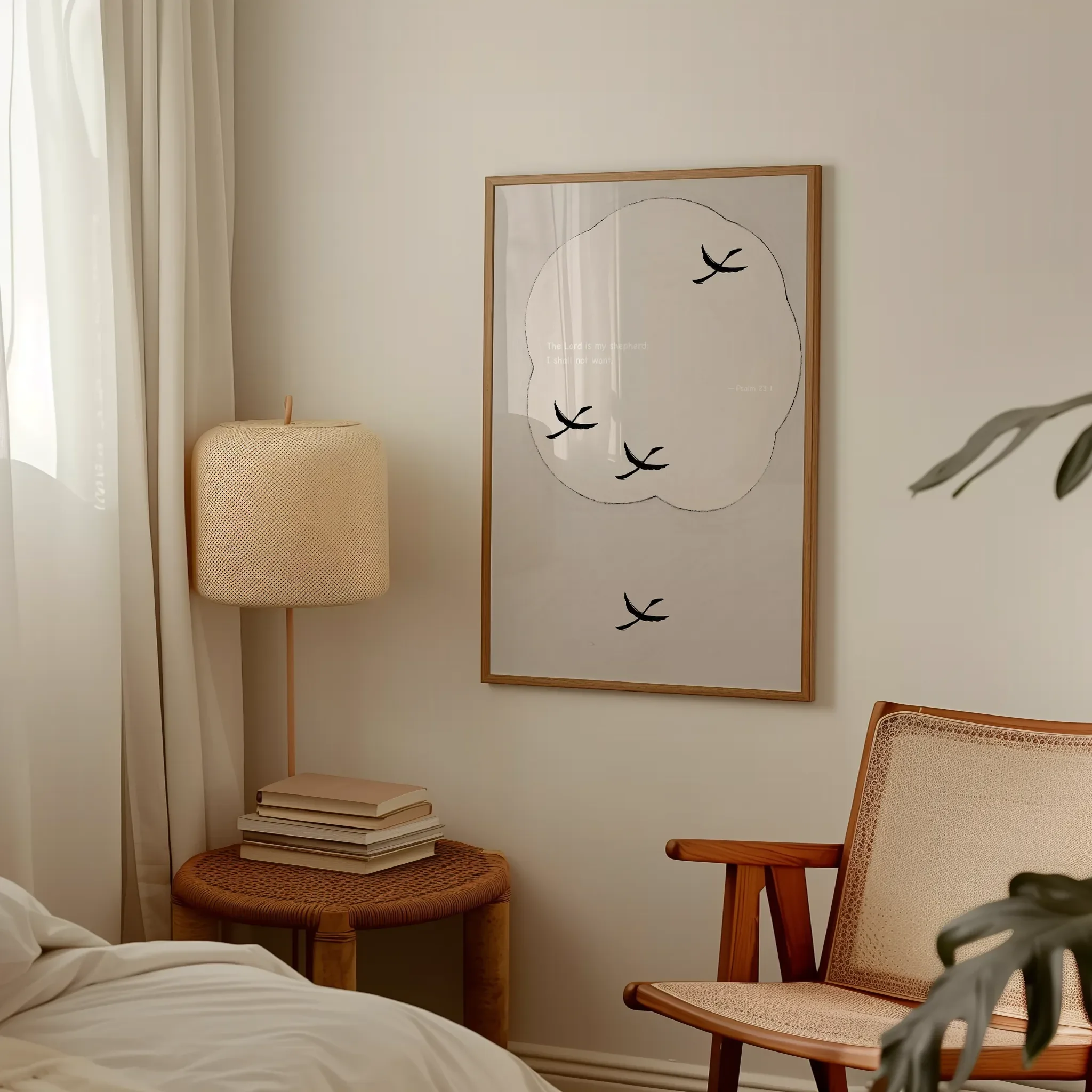 Displayed in a lived-in bedroom setting with wooden furniture and a table lamp.
