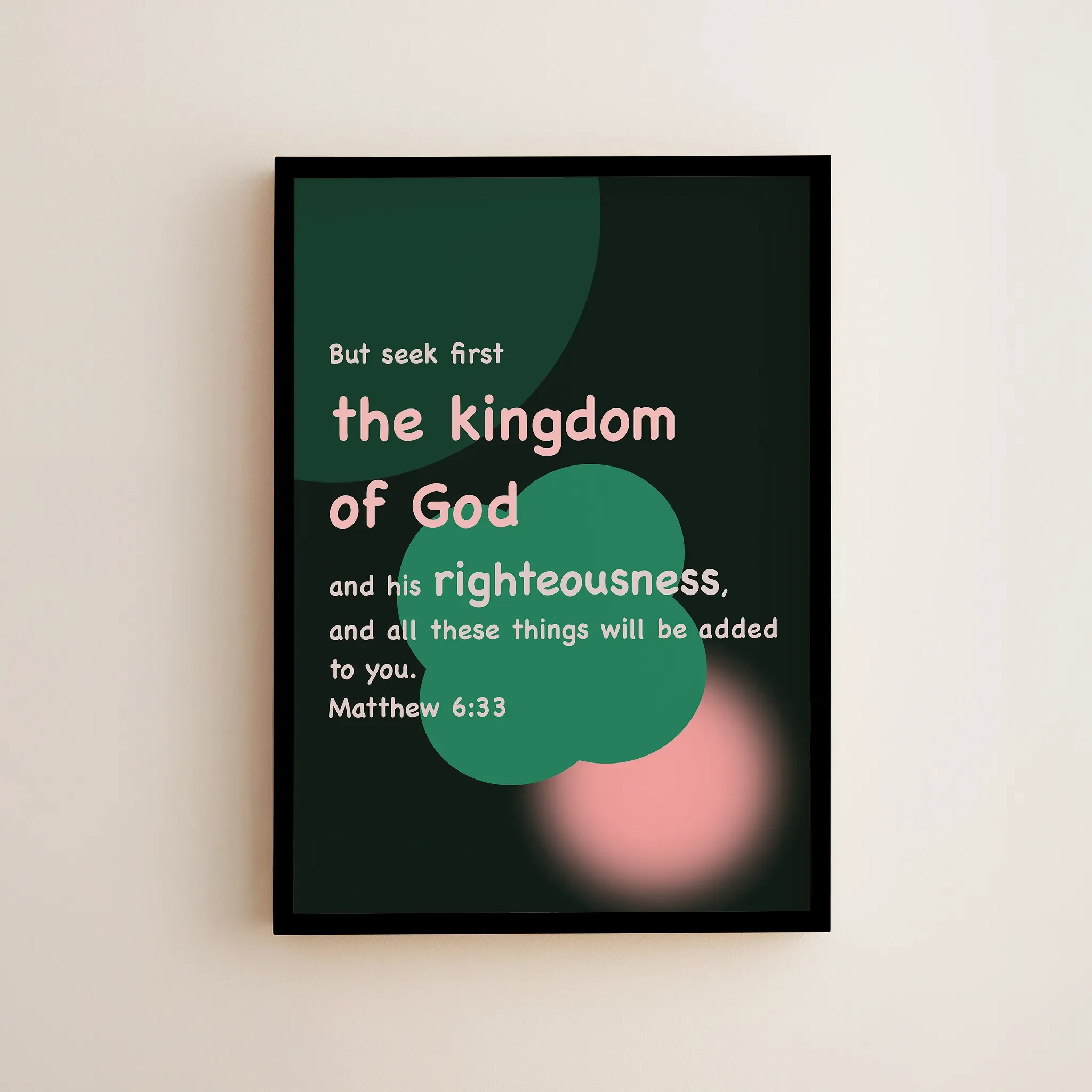 Framed in a small frame and hung on a light-colored wall.