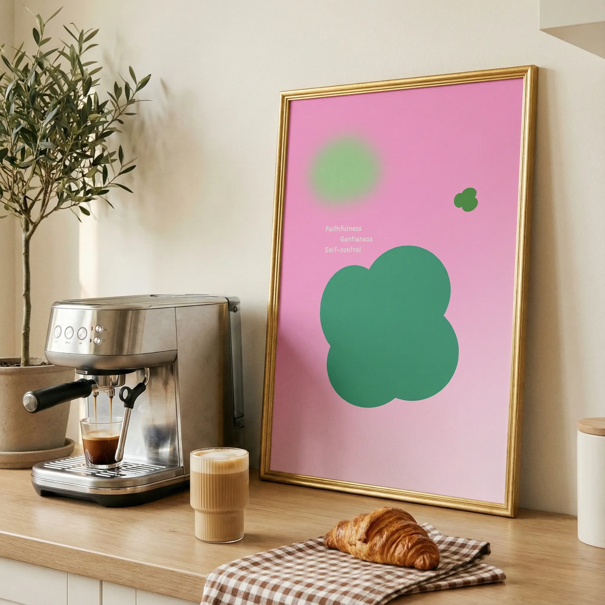 Displayed on a wooden table in a dining room with fresh bread and coffee, bathed in natural light.