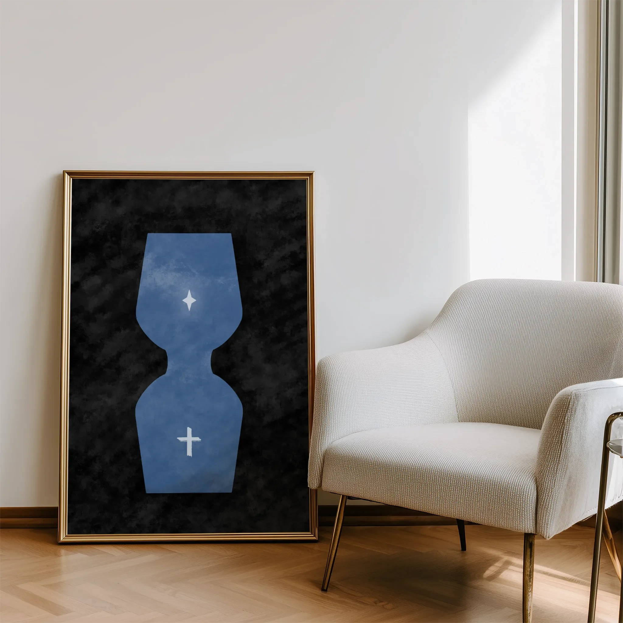 Displayed in a modern living room with natural light and a sofa.