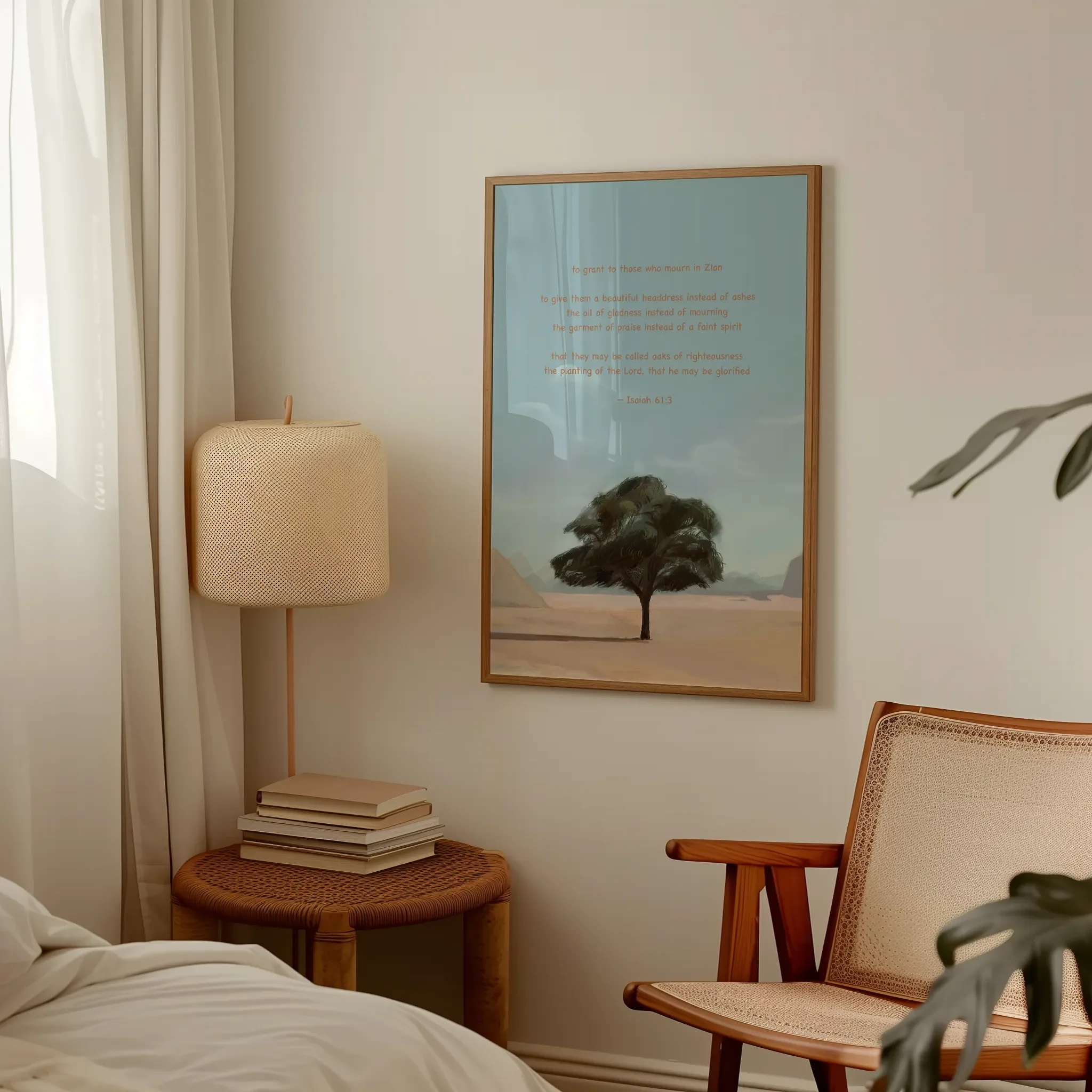 Displayed in a lived-in bedroom setting with wooden furniture and a table lamp.