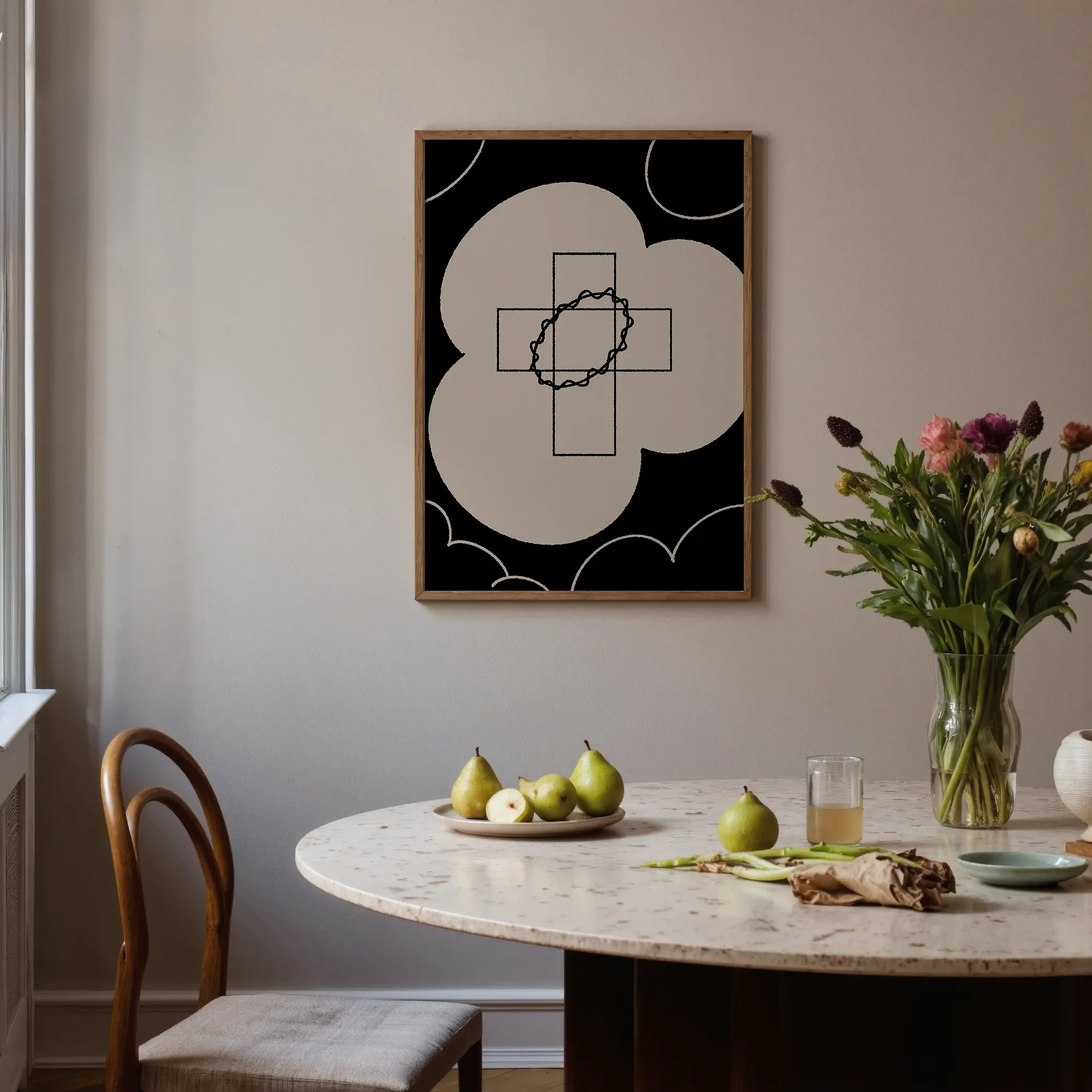 A Christian wall art print featuring cross art poster crown of glory design, shown near a window above a round table with flowers.