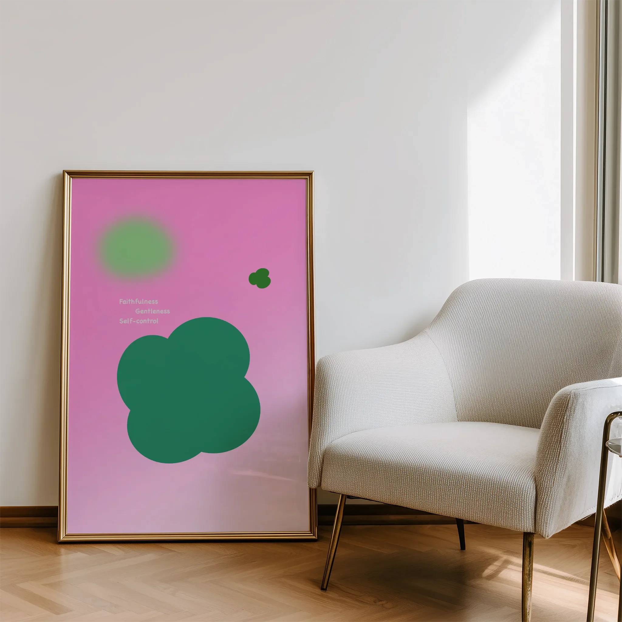 Displayed in a living room beside a sofa, with natural light.