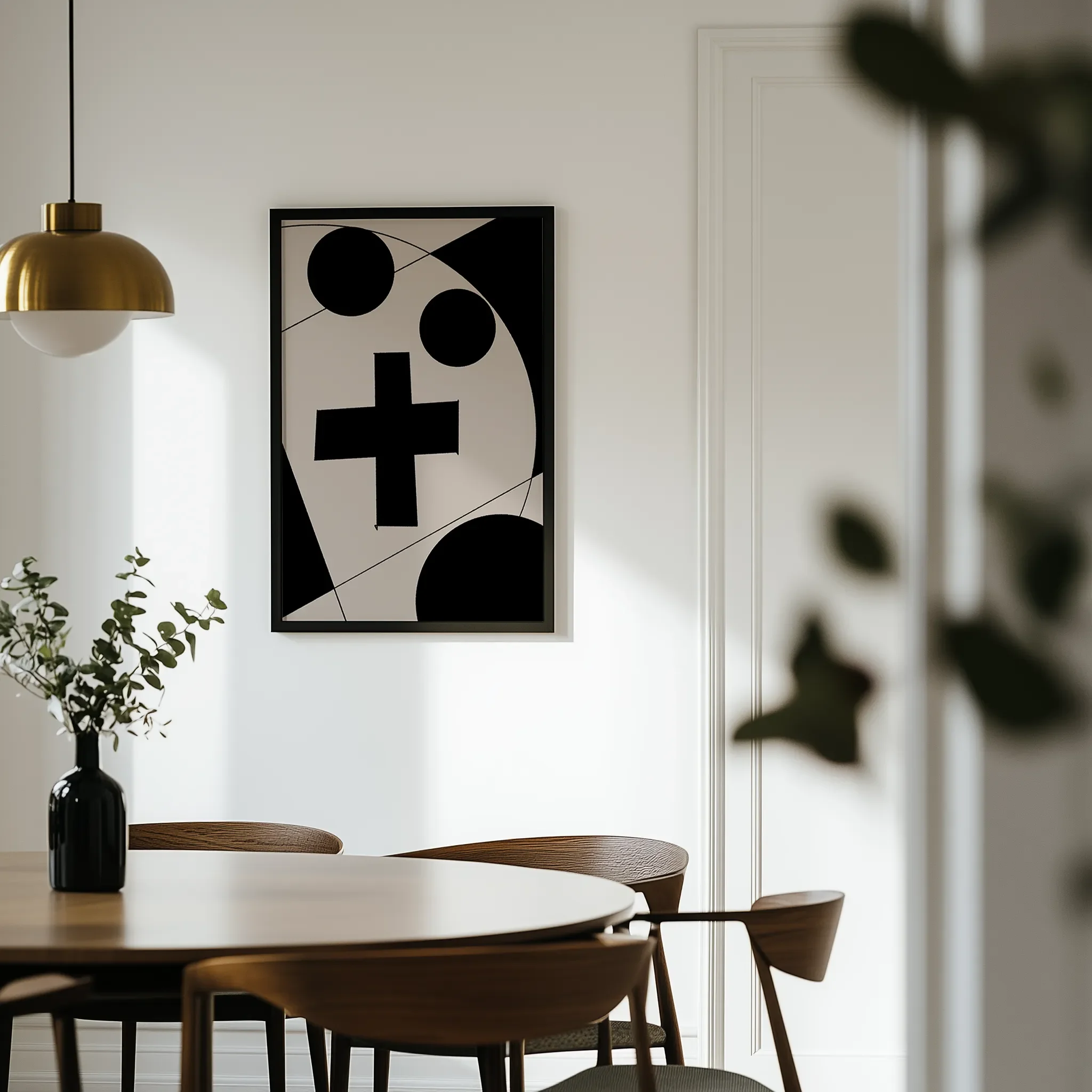 Displayed in a light dining room with a wooden round table and chairs.