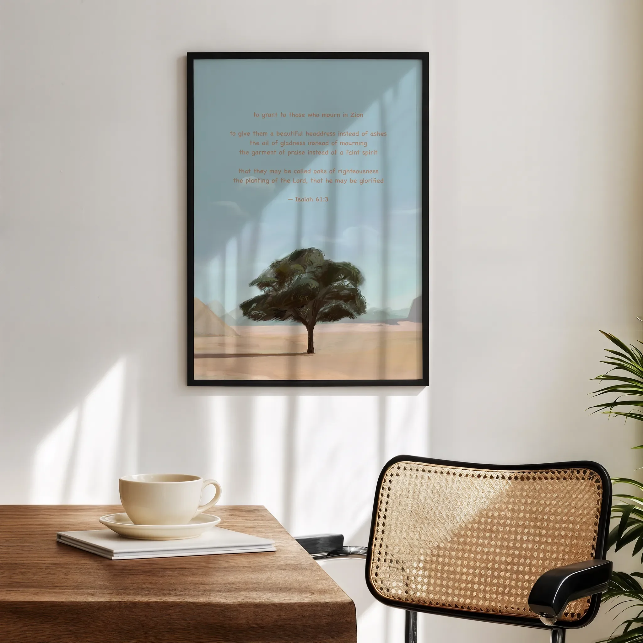 Displayed in a modern living room with a white wall and wooden furniture.
