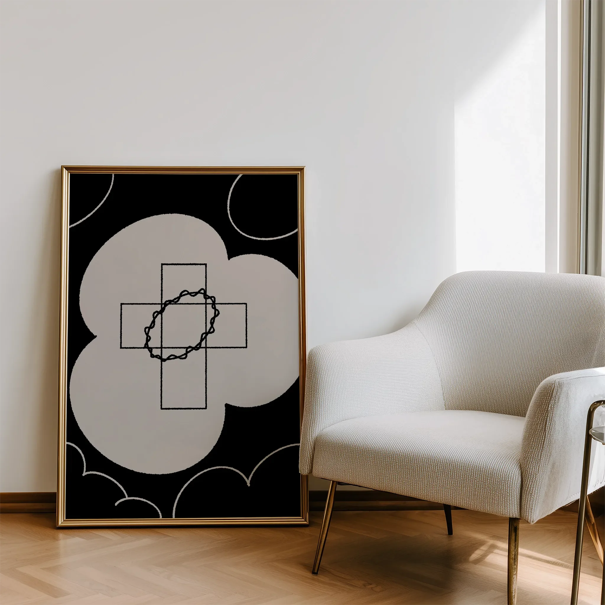 Displayed in a modern living room with natural light and a sofa.