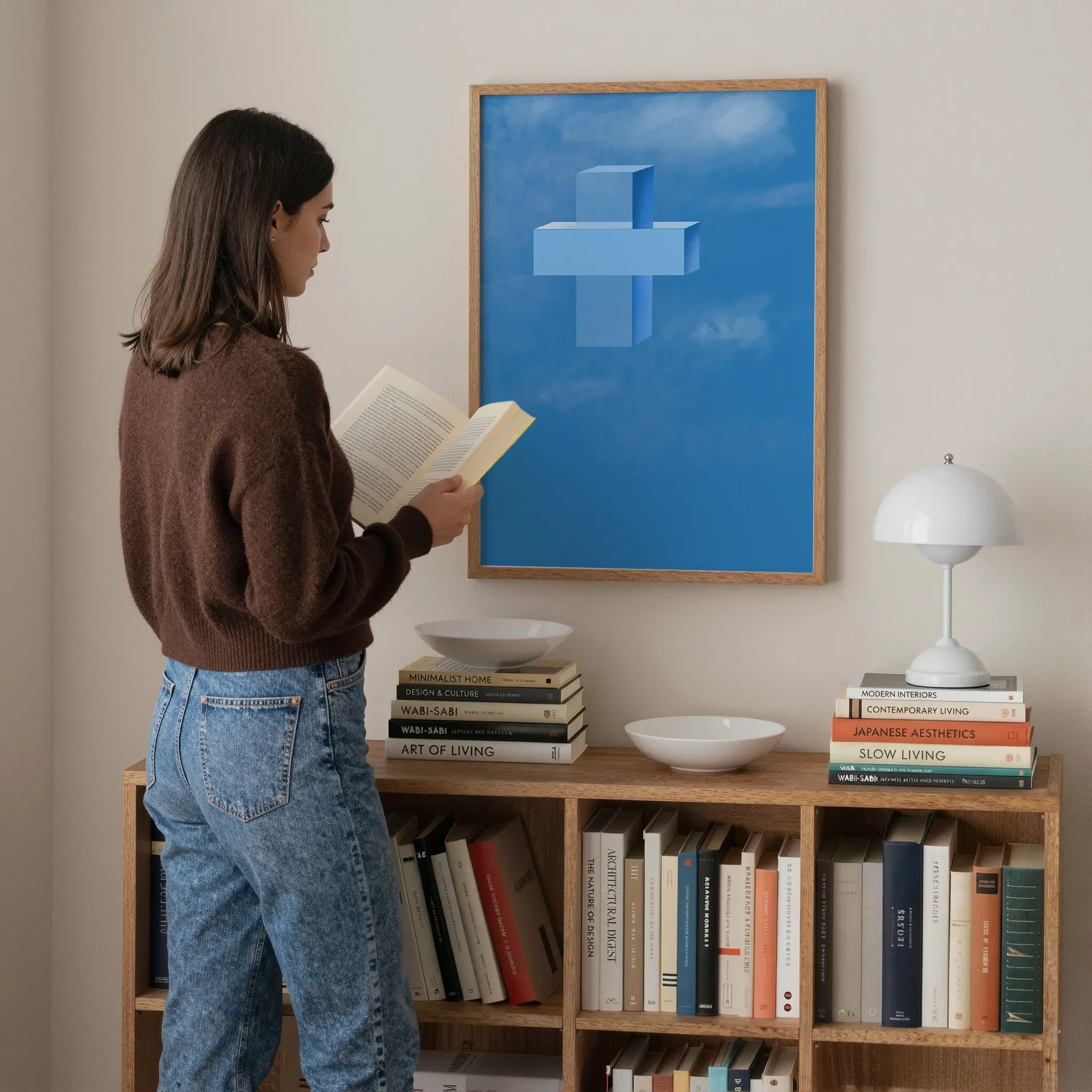 A cross printable hangs above a low wooden bookshelf in a softly lit home interior. A young woman stands in front of it reading a book. On the bookshelf are books, a white lamp, and ceramic bowls.