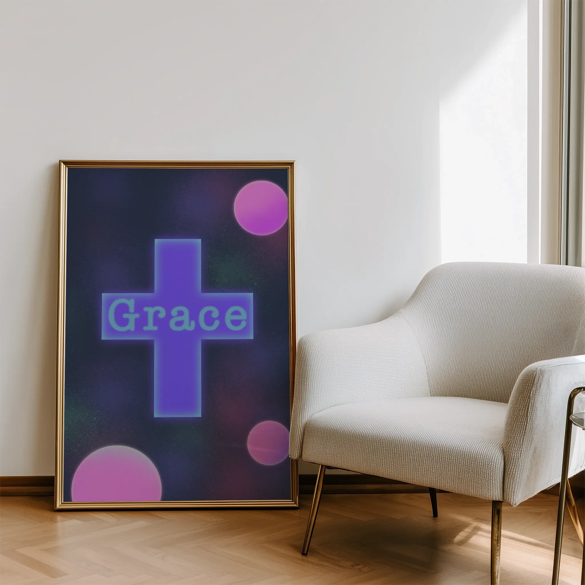 Displayed in a modern living room with natural light and a sofa.