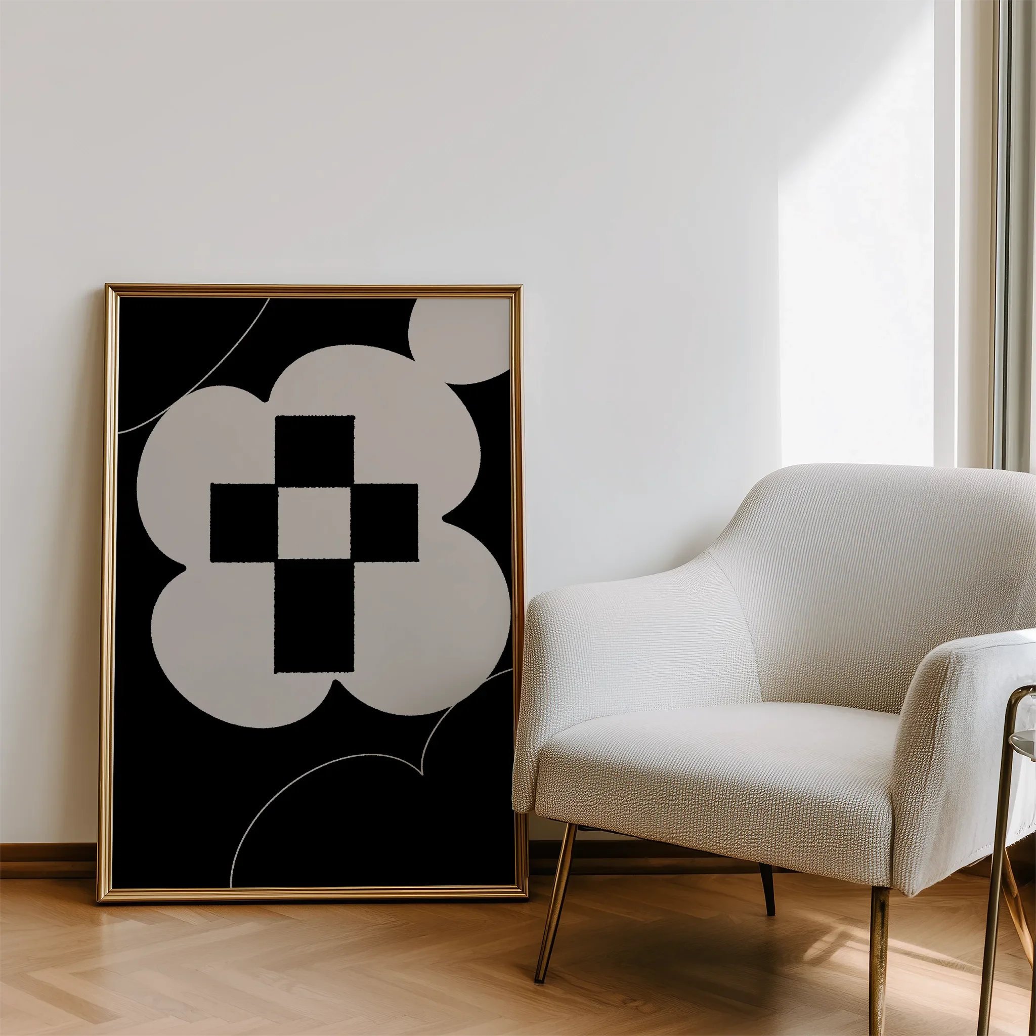 Displayed in a modern living room with natural light and a sofa.