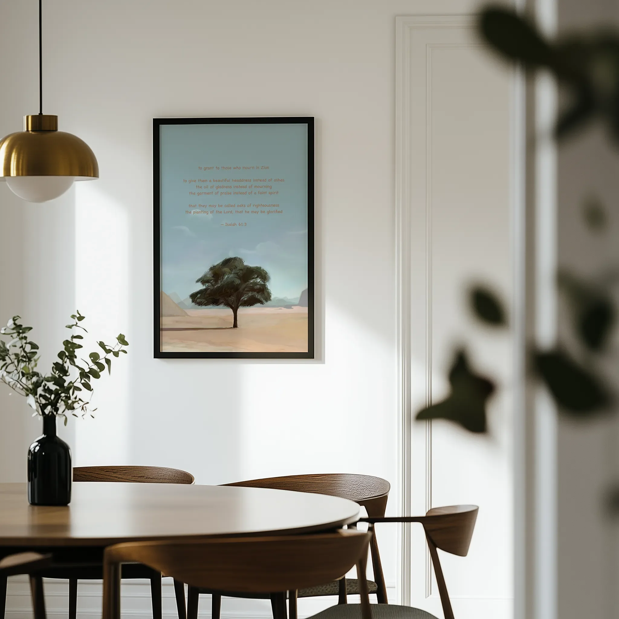 Displayed in a light dining room with a wooden round table and chairs.