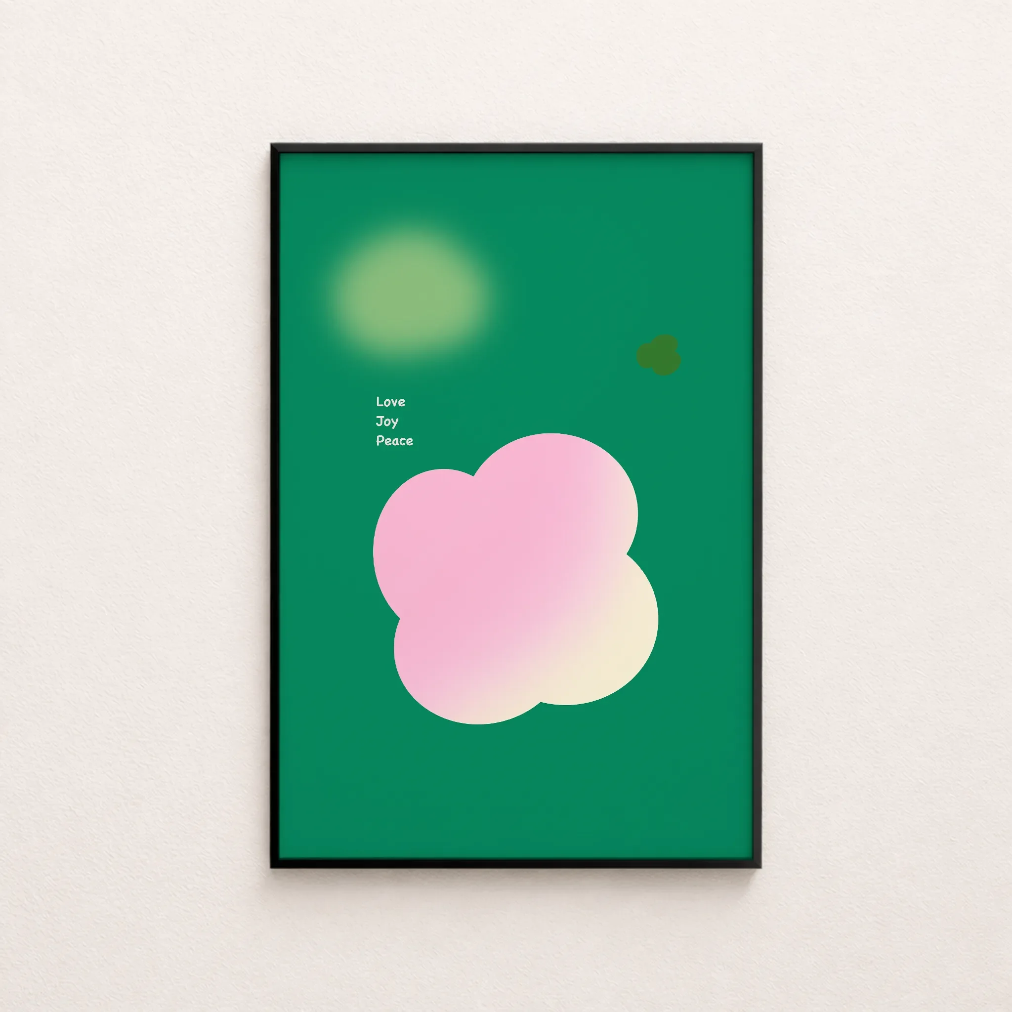 Christian wall art featuring Peace Fruit of the Spirit, displayed front-facing in a slim black frame on a light-colored wall.