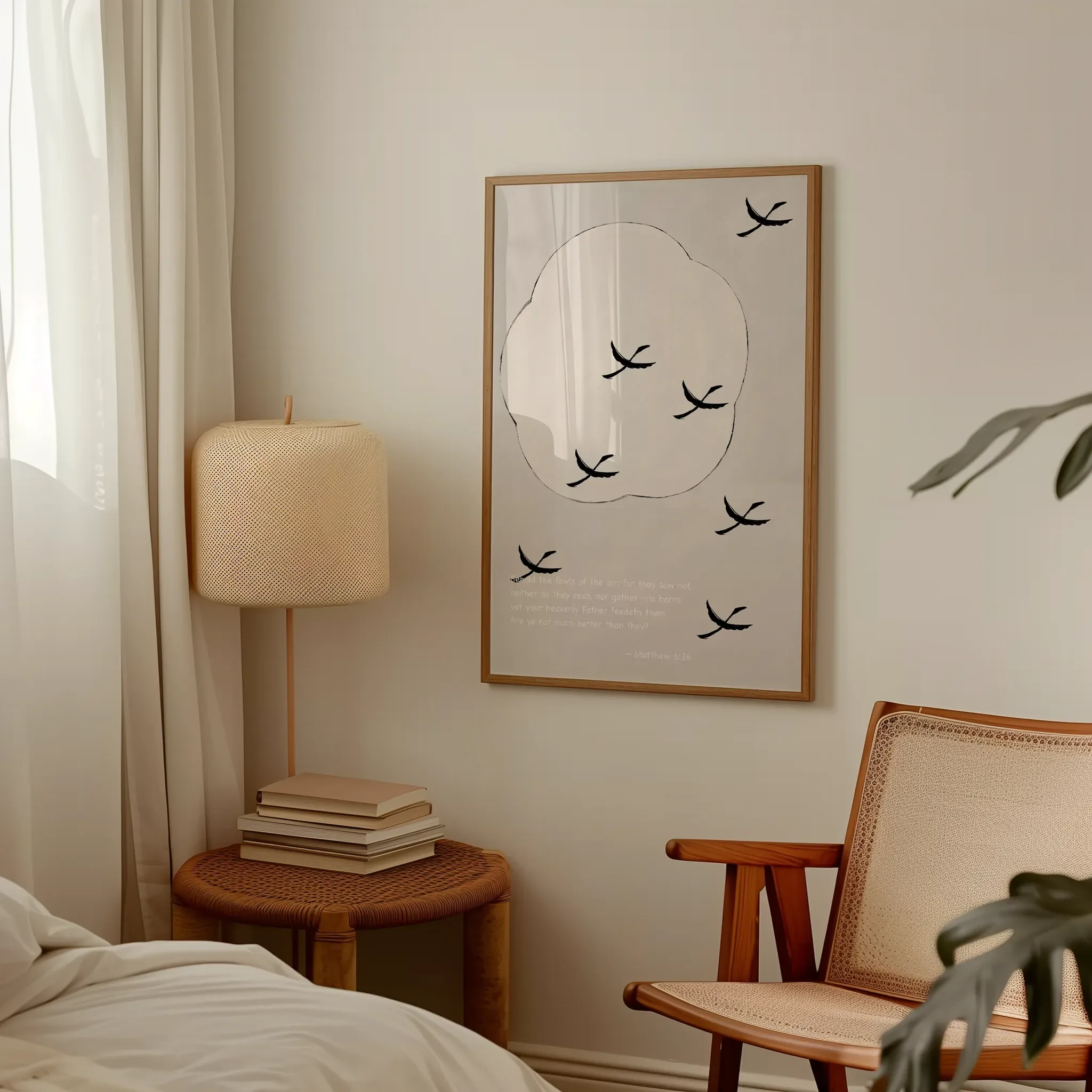 Displayed in a lived-in bedroom setting with wooden furniture and a table lamp.