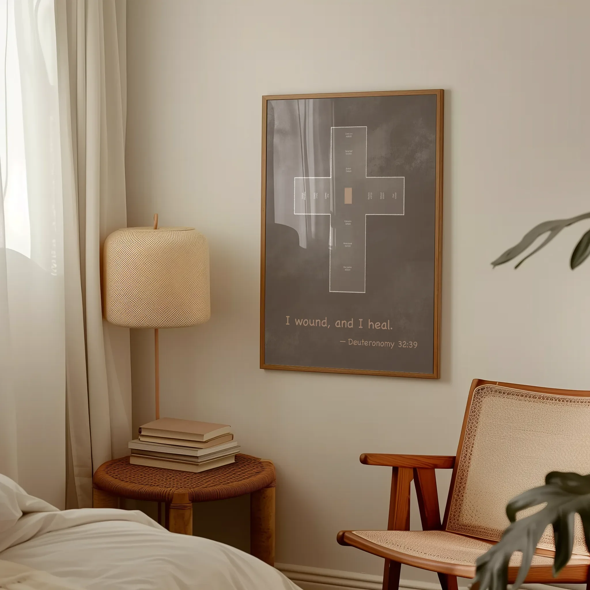 Displayed in a lived-in bedroom setting with wooden furniture and a table lamp.