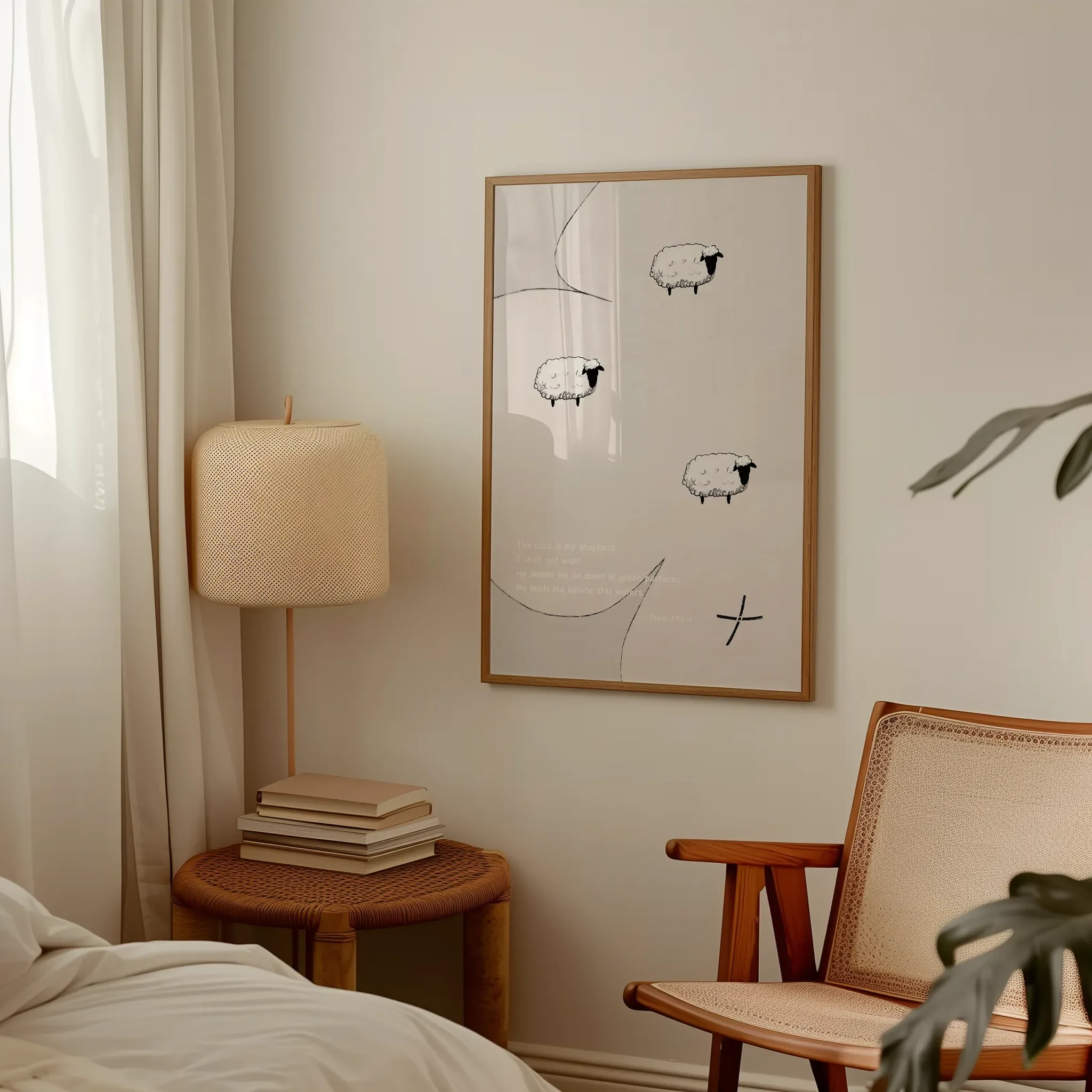 Displayed in a lived-in bedroom setting with wooden furniture and a table lamp.