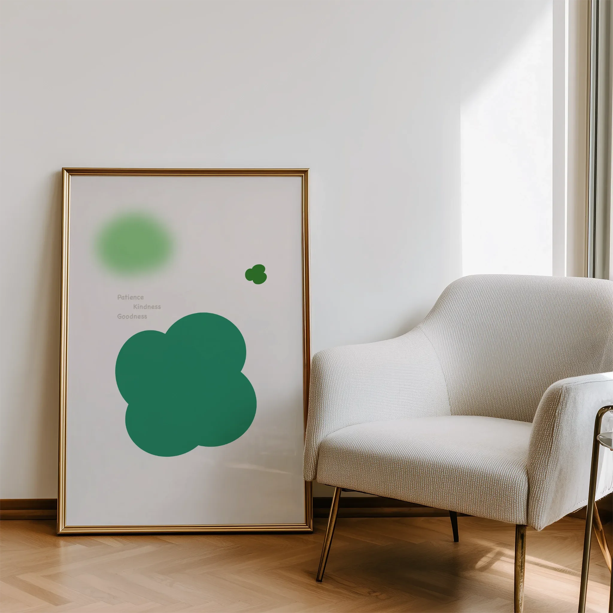 Displayed in a living room beside a sofa, with natural light.