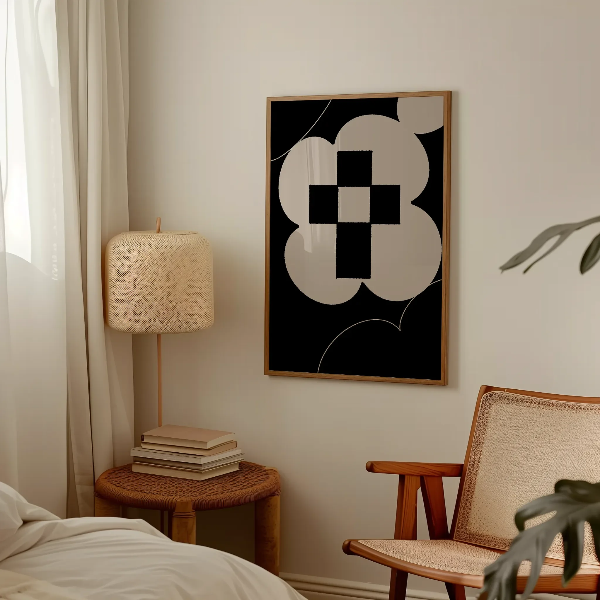Displayed in a lived-in bedroom setting with wooden furniture and a table lamp.