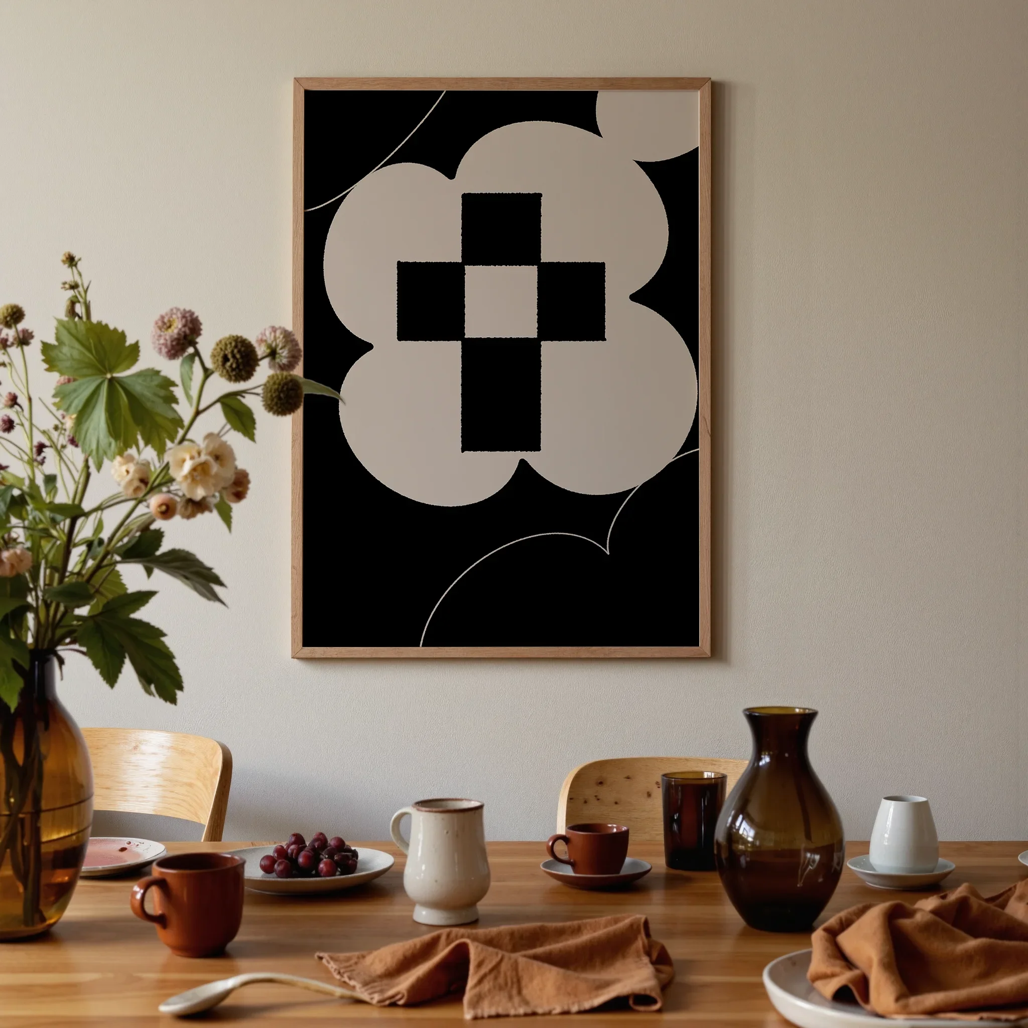 A Christian wall art print featuring cross art poster gentle floral design, displayed in a dining room with warm tones and a styled table setting.