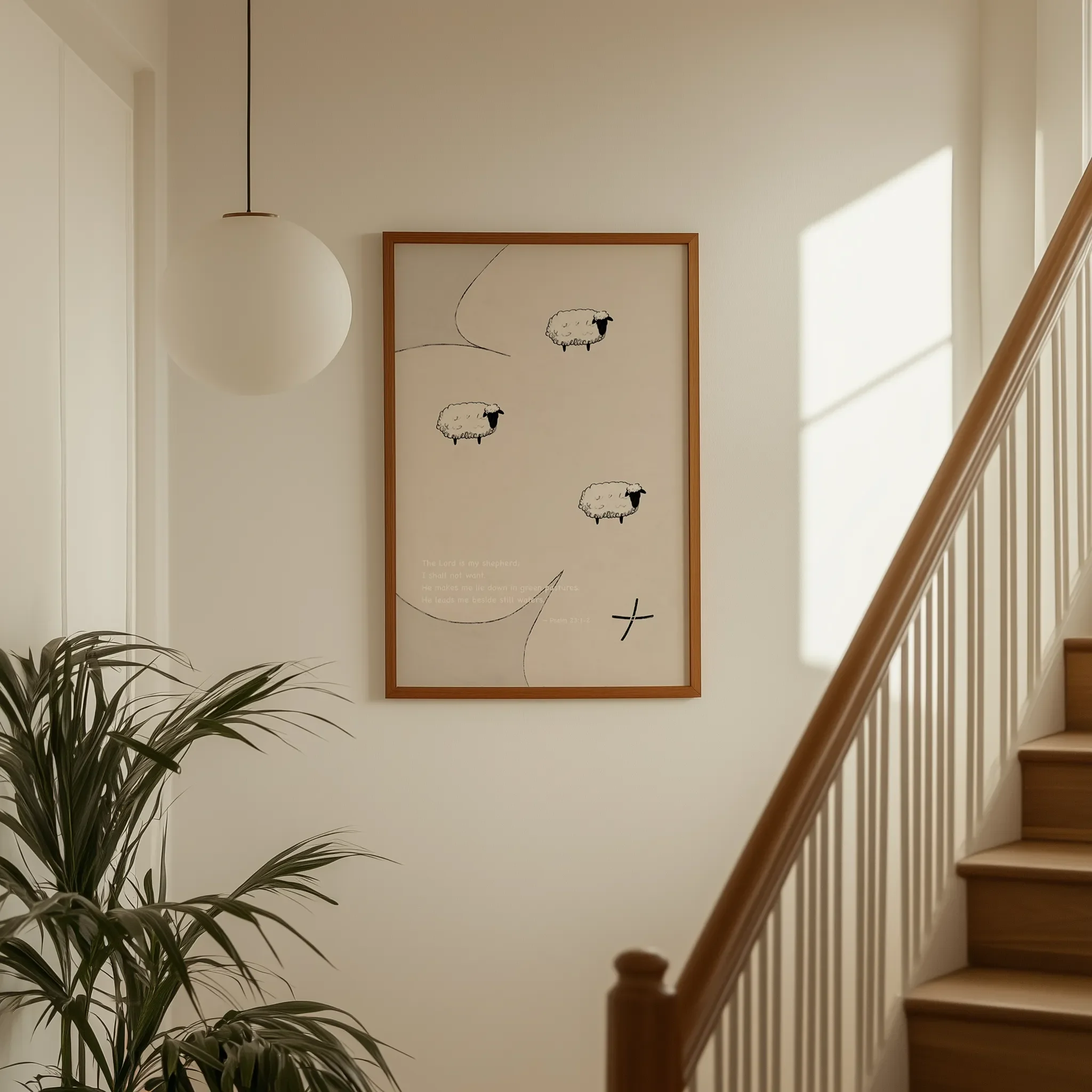 Displayed on a hallway wall near a staircase with directional natural light.