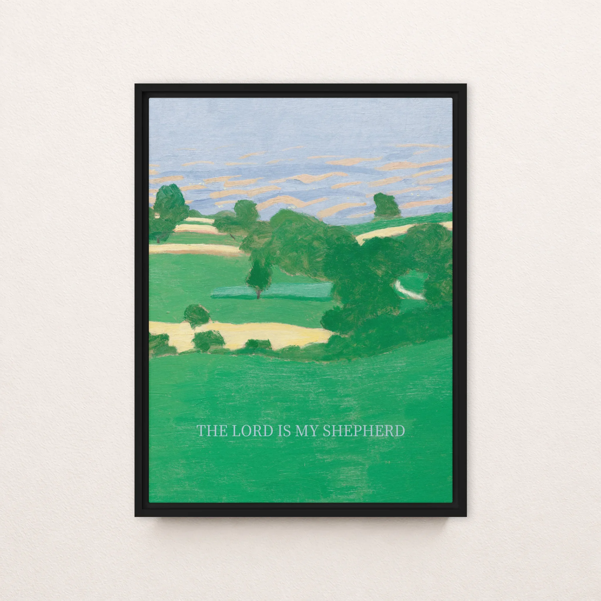 The Lord Is My Shepherd Psalm 23:1 Christian framed canvas wall art displayed on wall, 18x24 inches