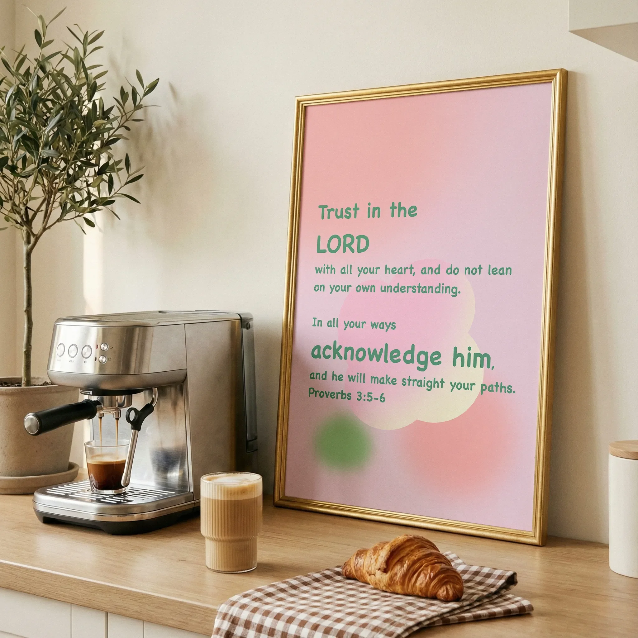 Displayed on a wooden table in a dining room with fresh bread and coffee, bathed in natural light.