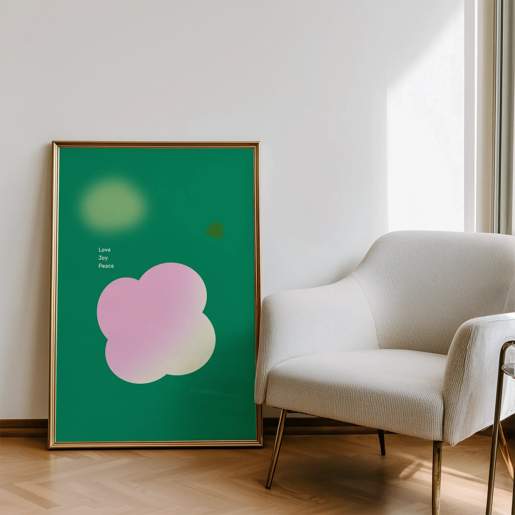 Displayed in a living room beside a sofa, with natural light.