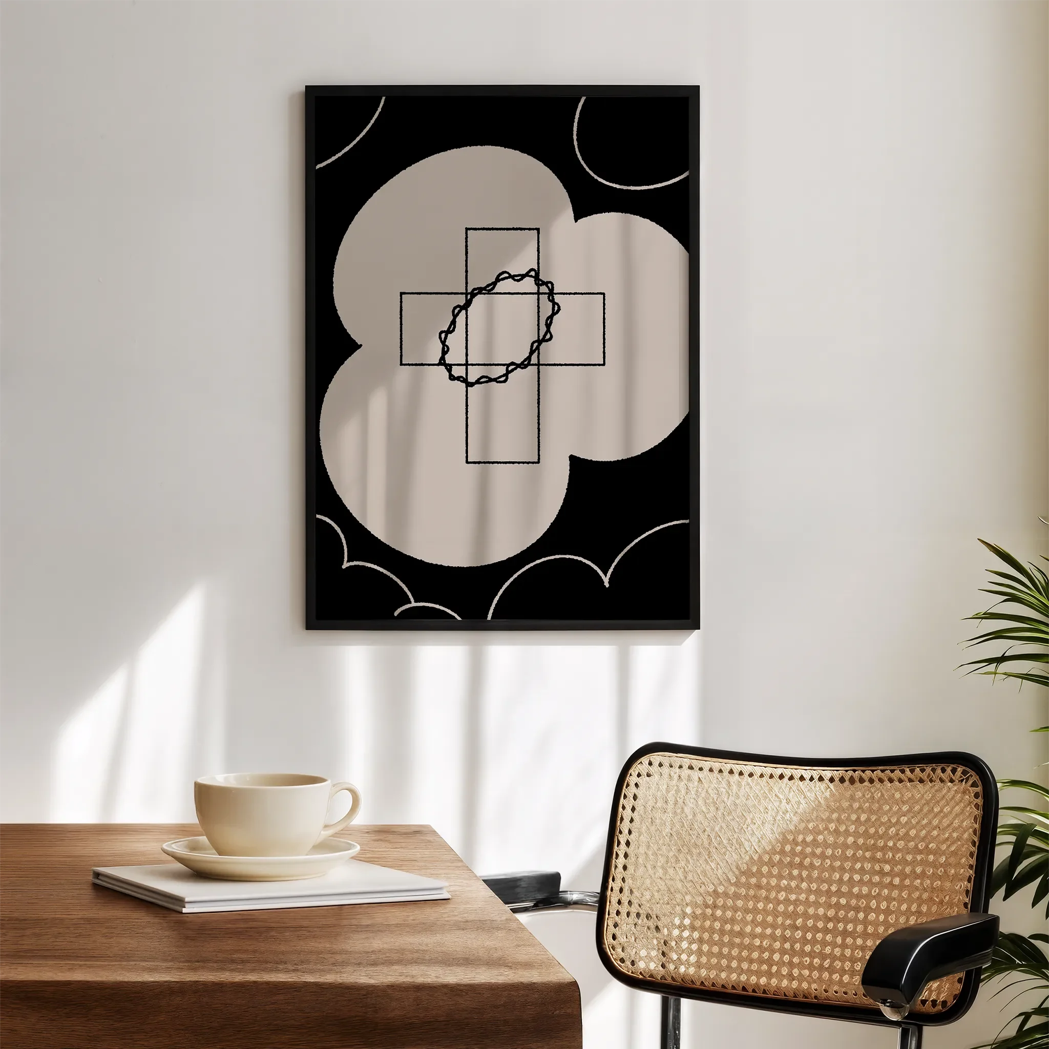 Displayed in a modern living room with a white wall and wooden furniture.