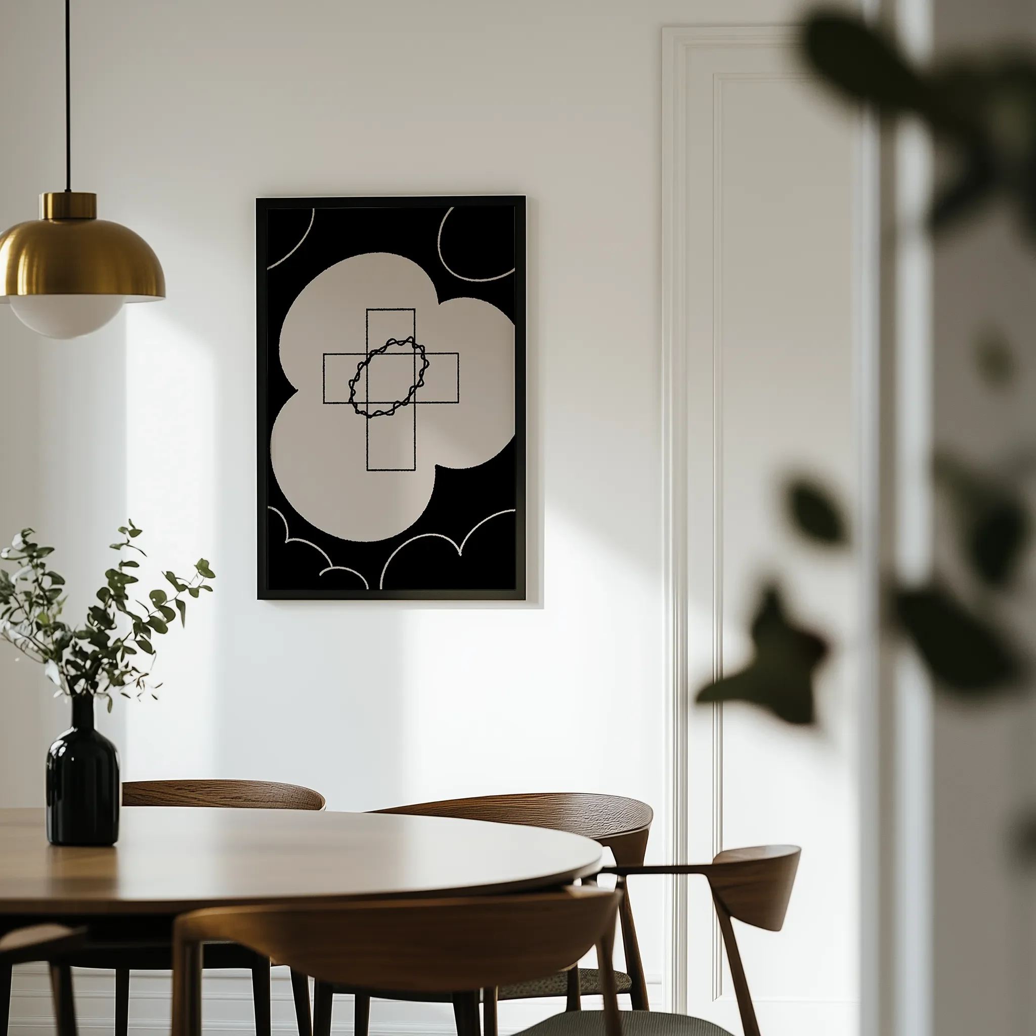 Displayed in a light dining room with a wooden round table and chairs.