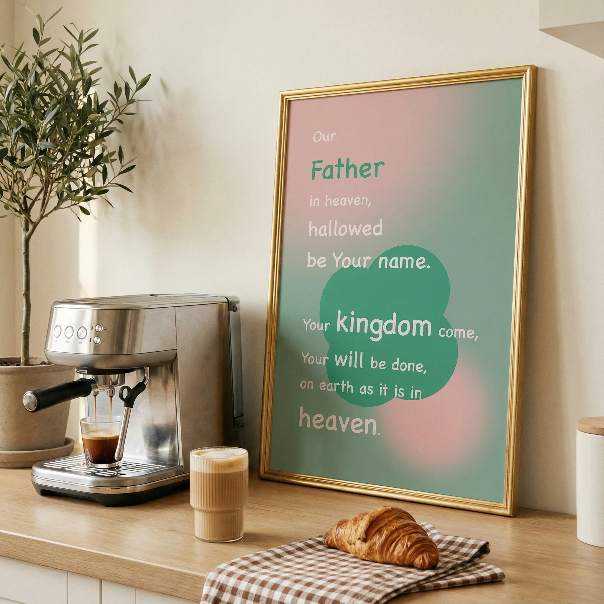 Displayed on a wooden table in a dining room with fresh bread and coffee, bathed in natural light.