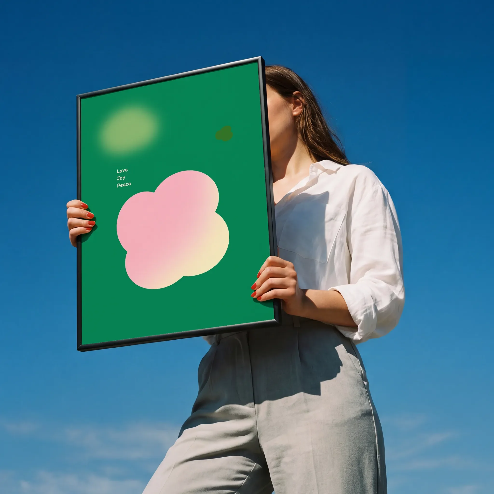Christian wall art featuring Peace, Fruit of the Spirit, Held by a person in a white shirt outdoors under sunlight.
