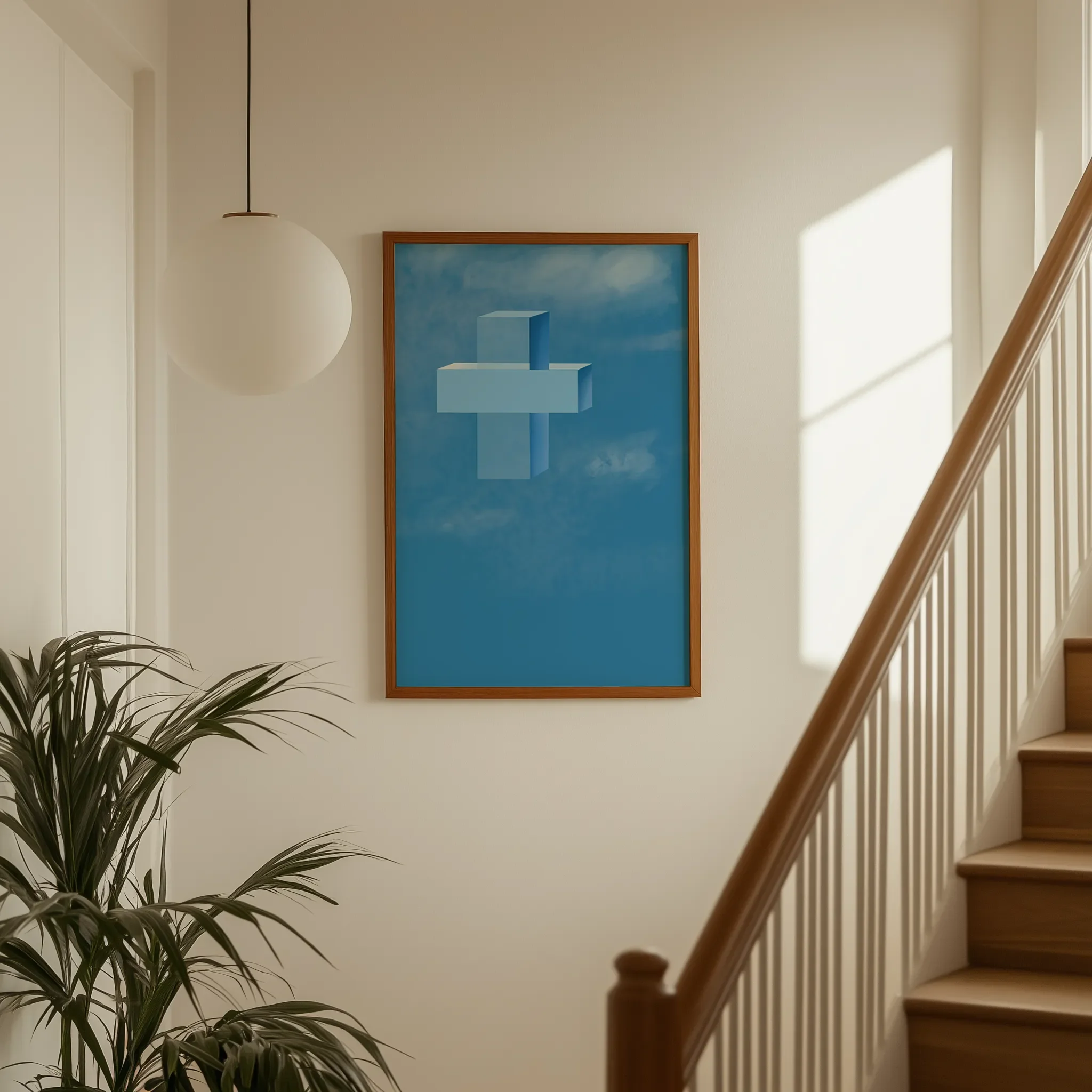 Displayed on a hallway wall near a staircase with directional natural light.