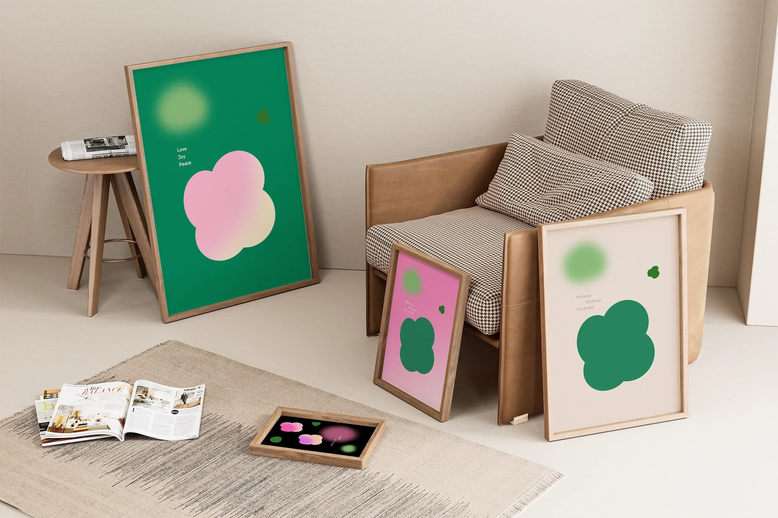 Fruit of the Spirit Collection wall art displayed in a neutral-toned living room with a sofa and rug, featuring various frame sizes.