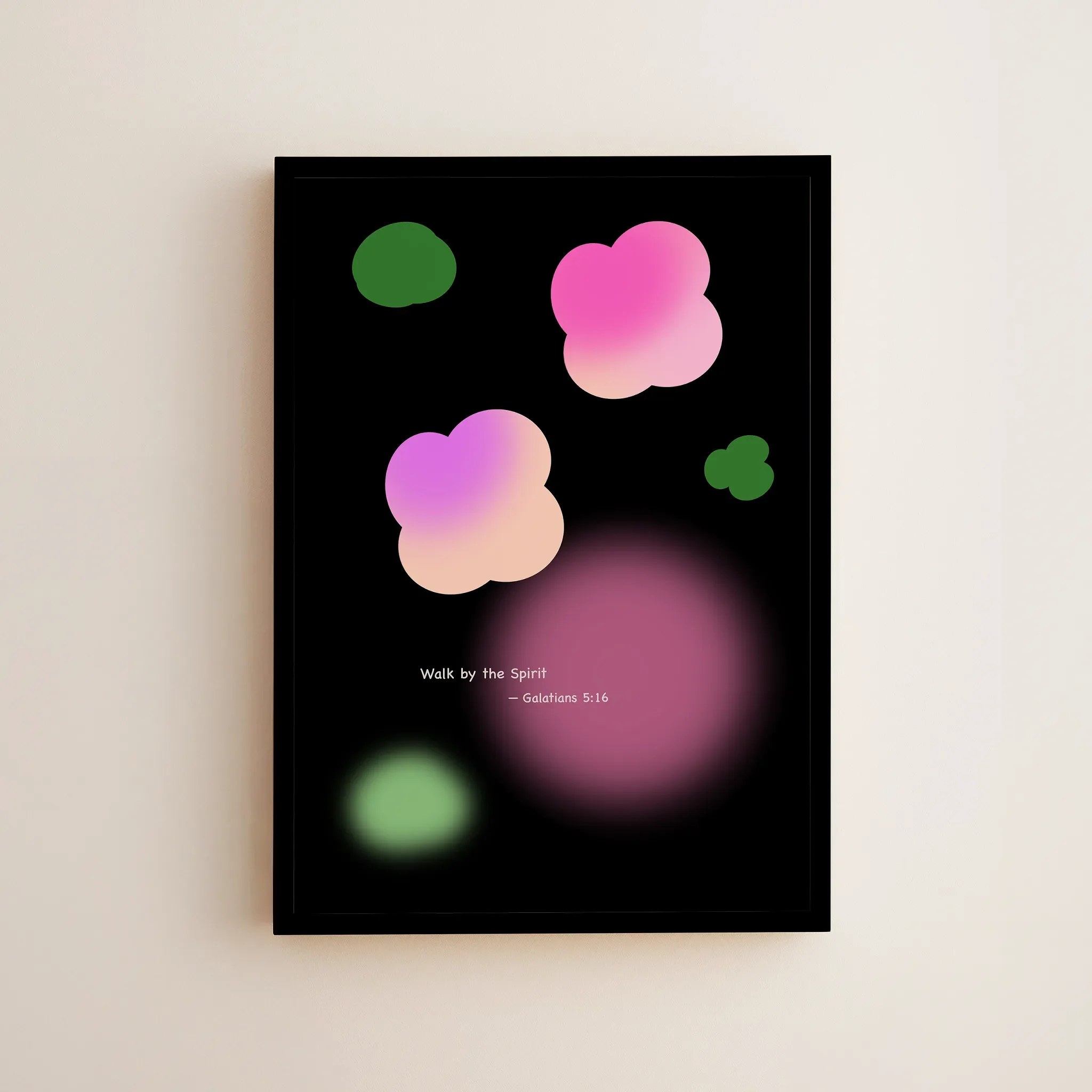 Christian wall art featuring Walk by the Spirit, Framed in a small frame and hung on a light-colored wall.