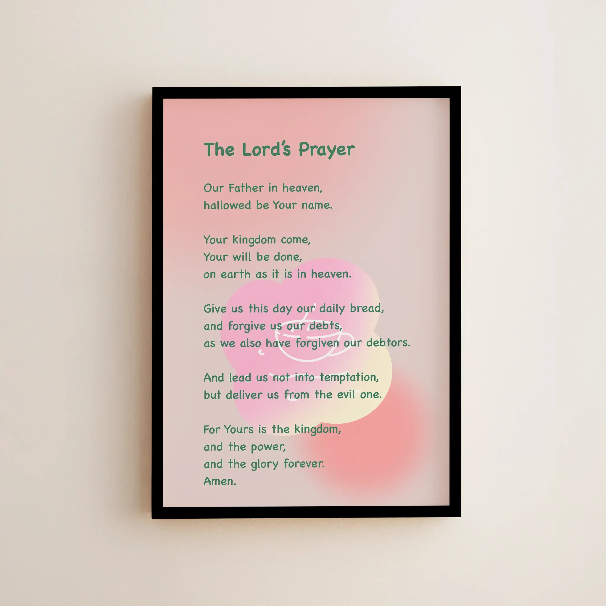 Framed in a small frame and hung on a light-colored wall.