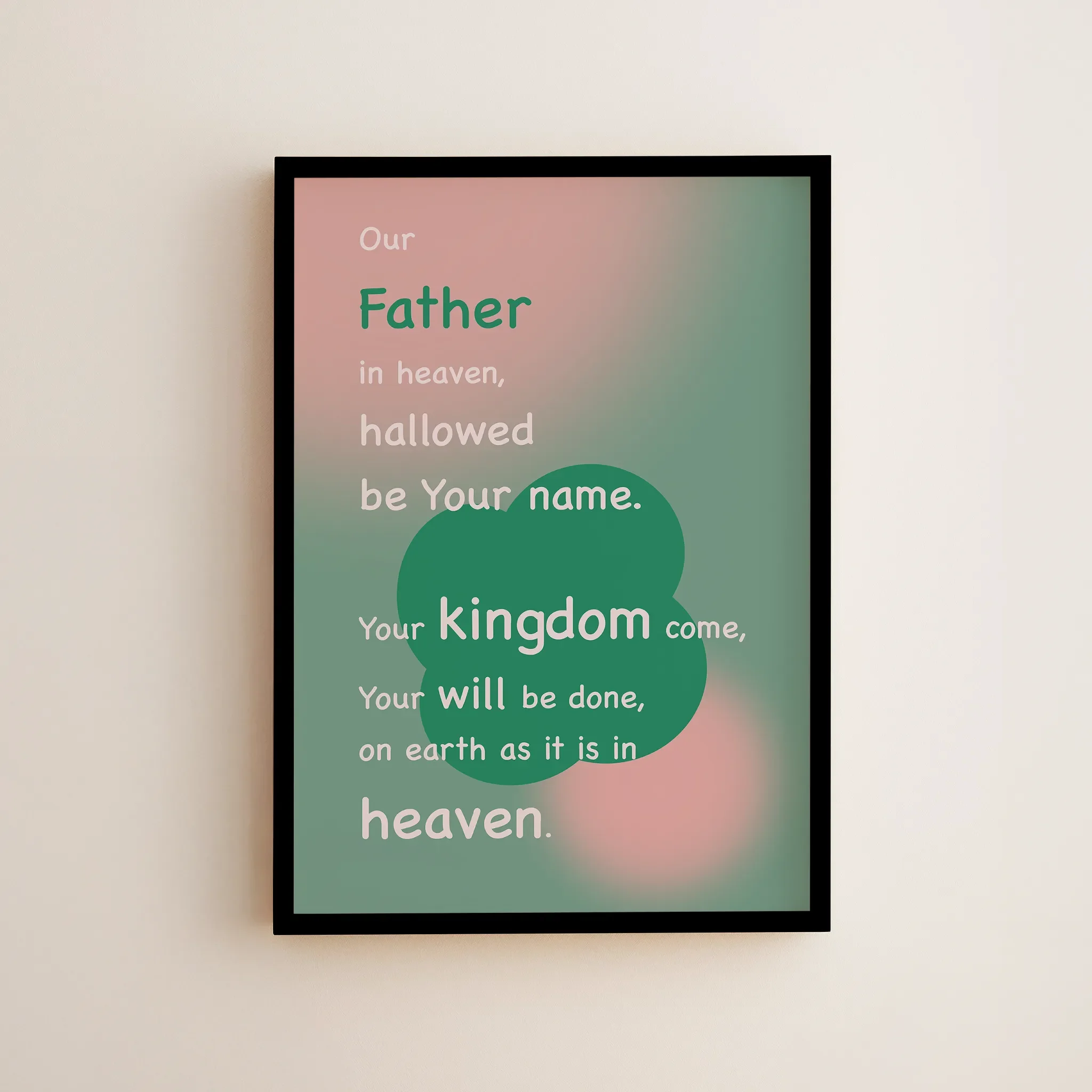 Framed in a small frame and hung on a light-colored wall.