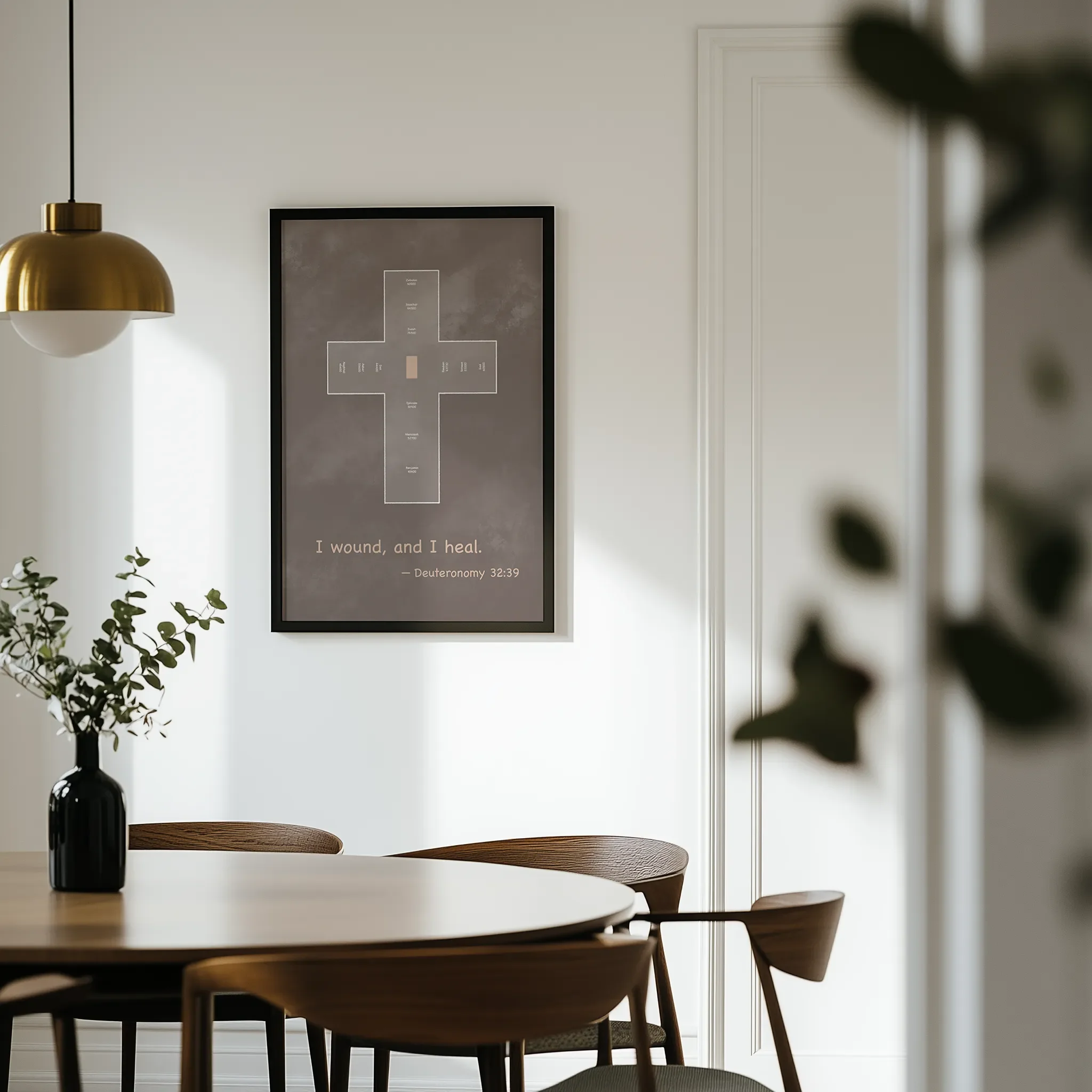 Displayed in a light dining room with a wooden round table and chairs.