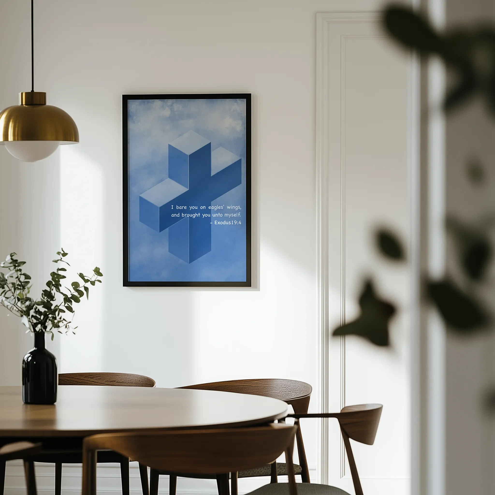 Displayed in a light dining room with a wooden round table and chairs.