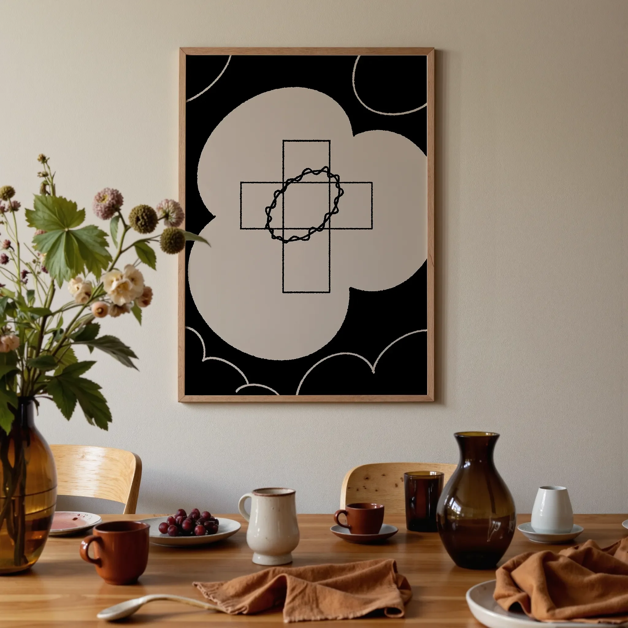 A Christian wall art print featuring cross art poster crown of glory design, displayed in a dining room with warm tones and a styled table setting.