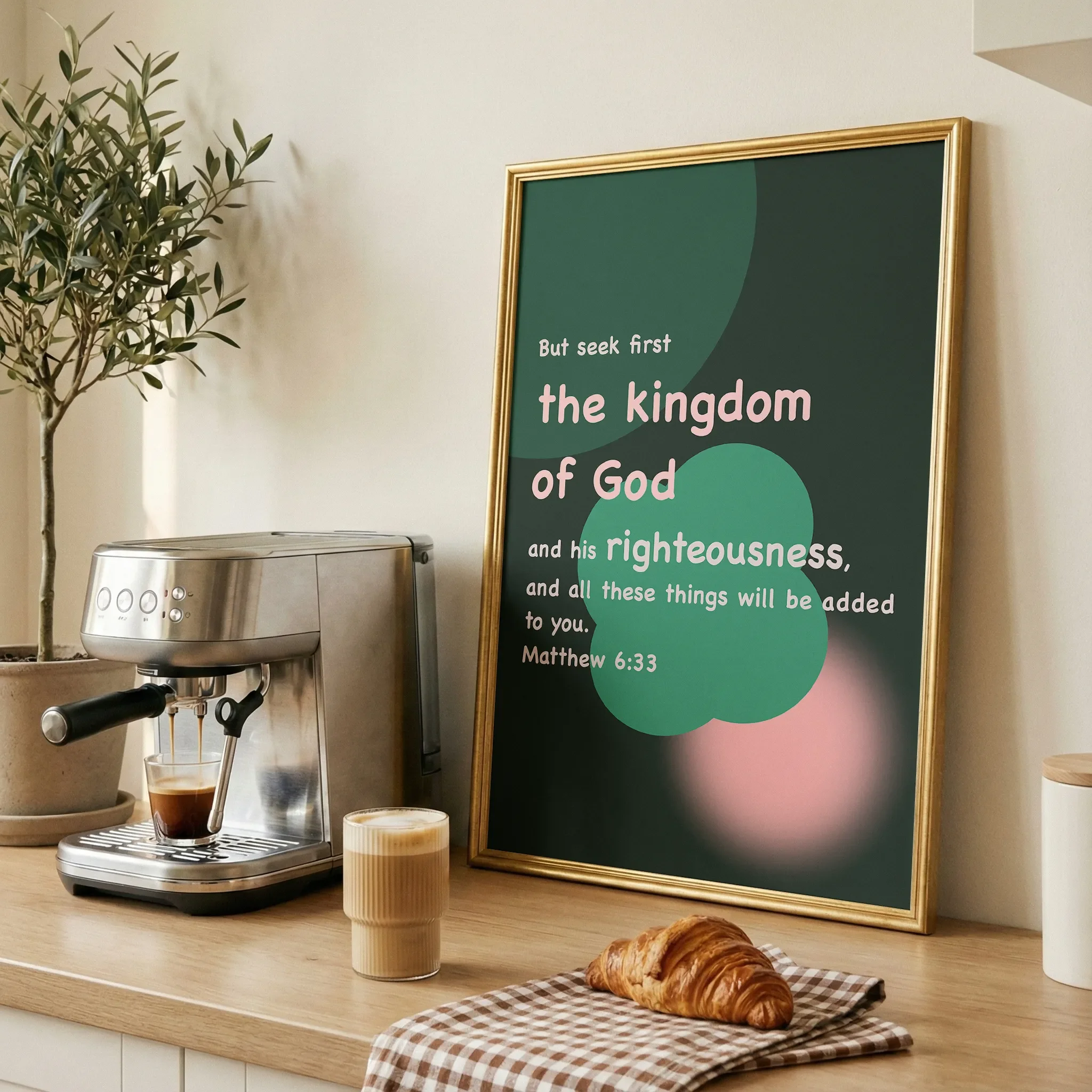 Displayed on a wooden table in a dining room with fresh bread and coffee, bathed in natural light.