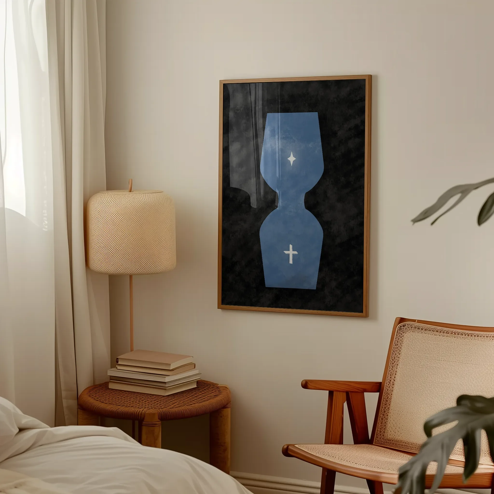 Displayed in a lived-in bedroom setting with wooden furniture and a table lamp.