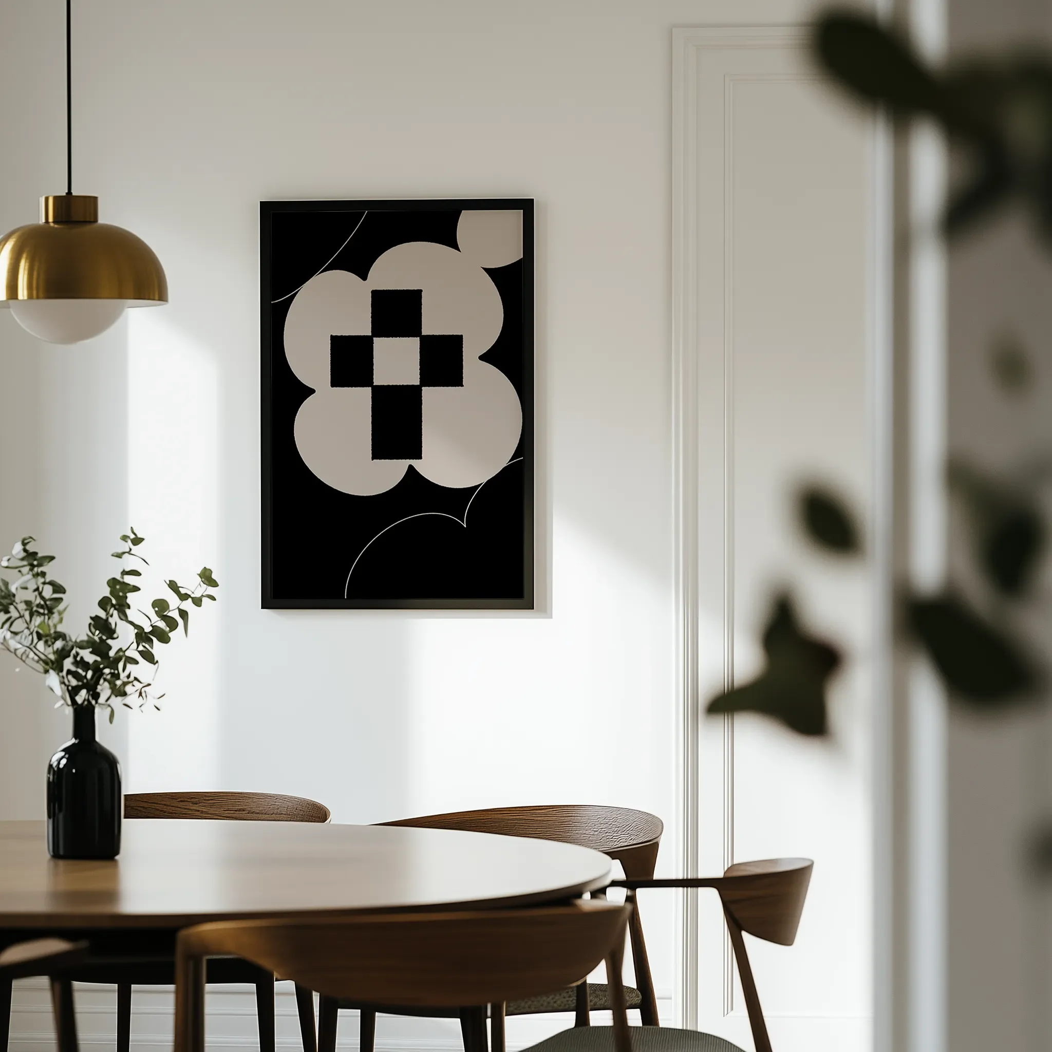 Displayed in a light dining room with a wooden round table and chairs.