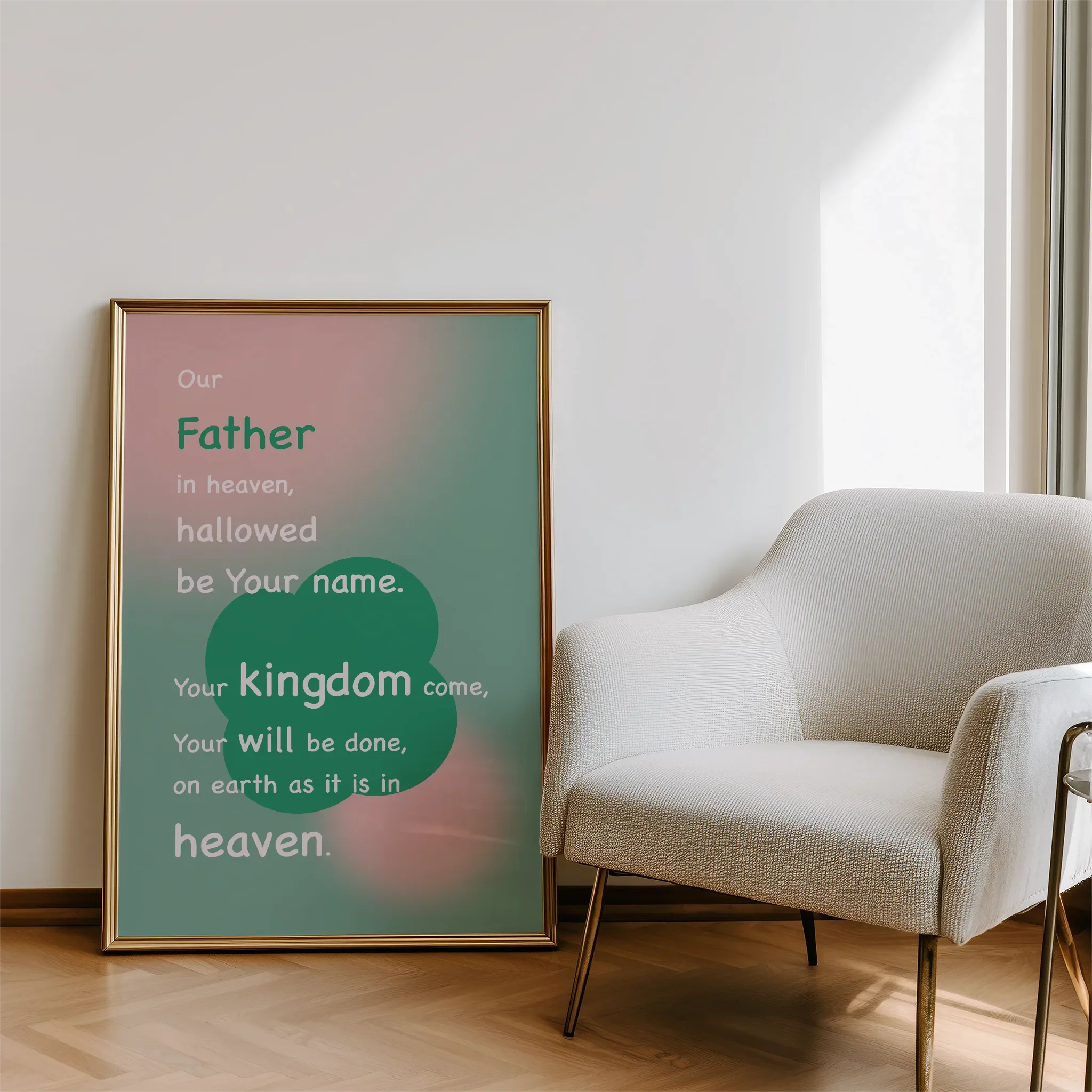 Displayed in a living room beside a sofa, with natural light.