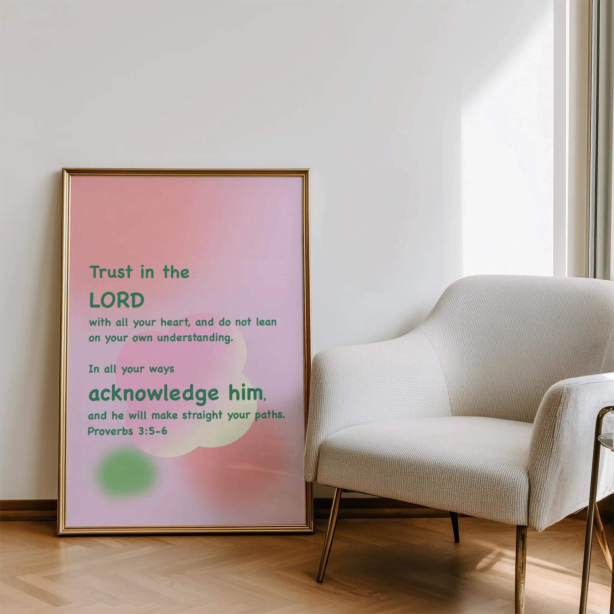 Displayed in a living room beside a sofa, with natural light.